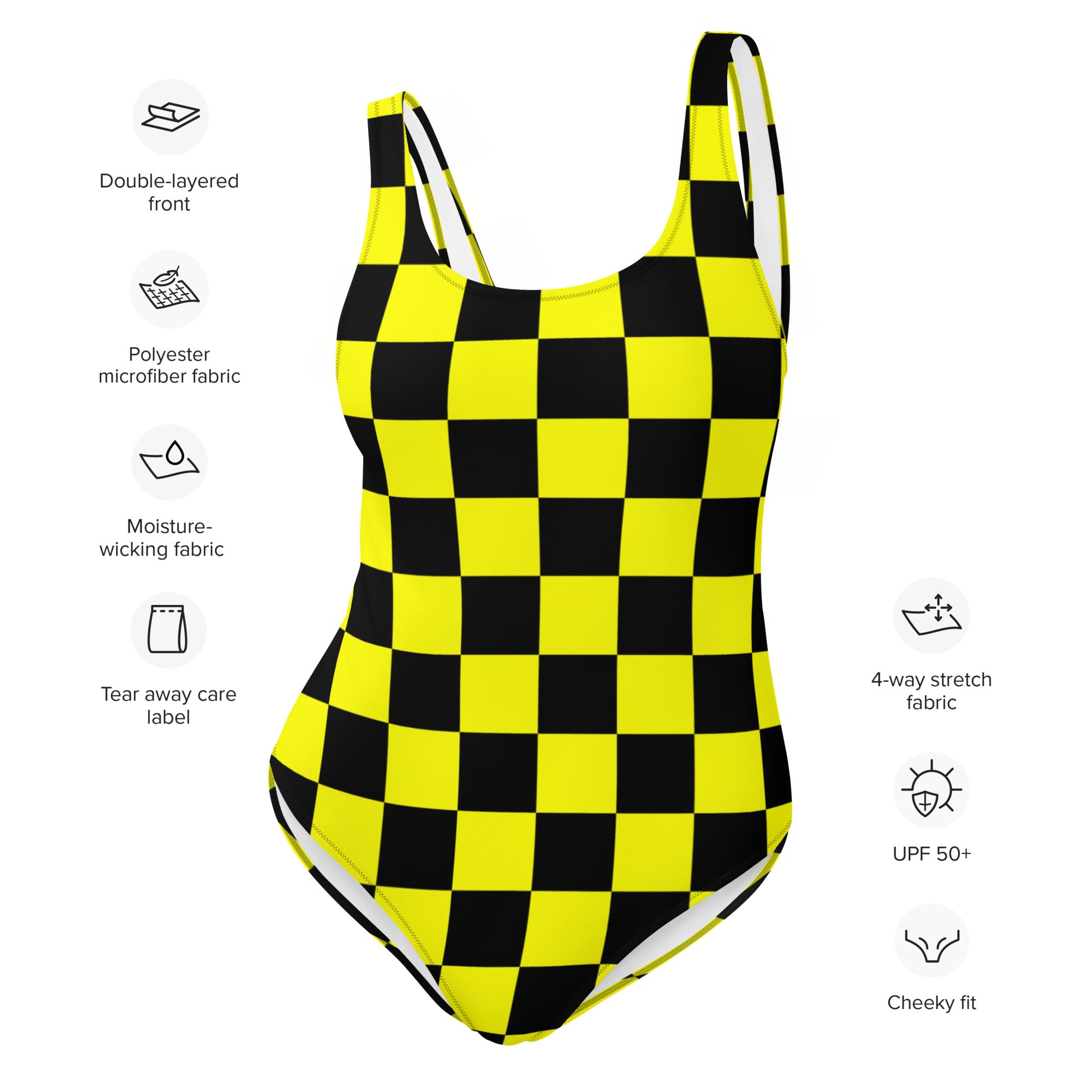 Preppy Yellow and Black Aesthetic Checkered One-Piece Swimsuit