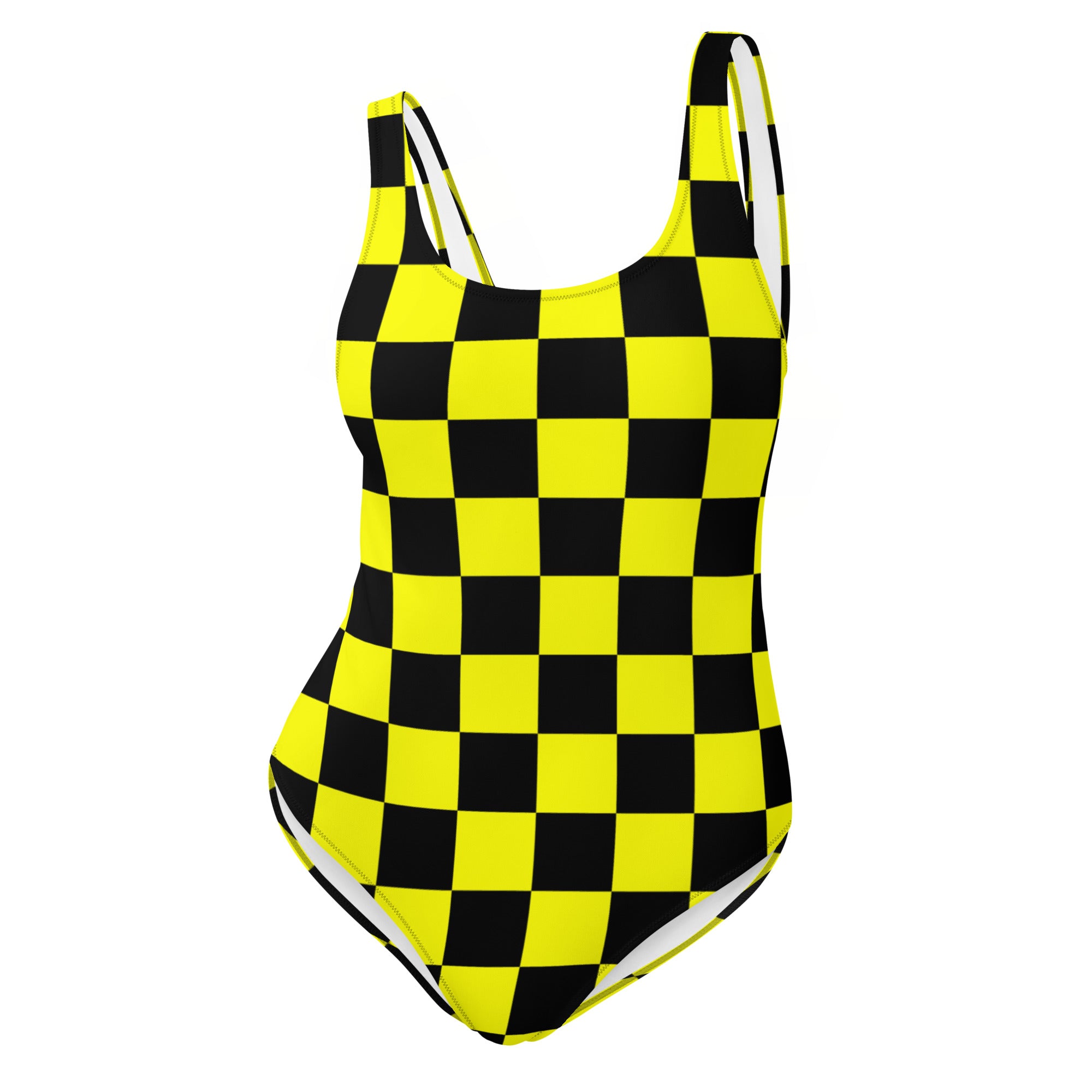 Preppy Yellow and Black Aesthetic Checkered One-Piece Swimsuit
