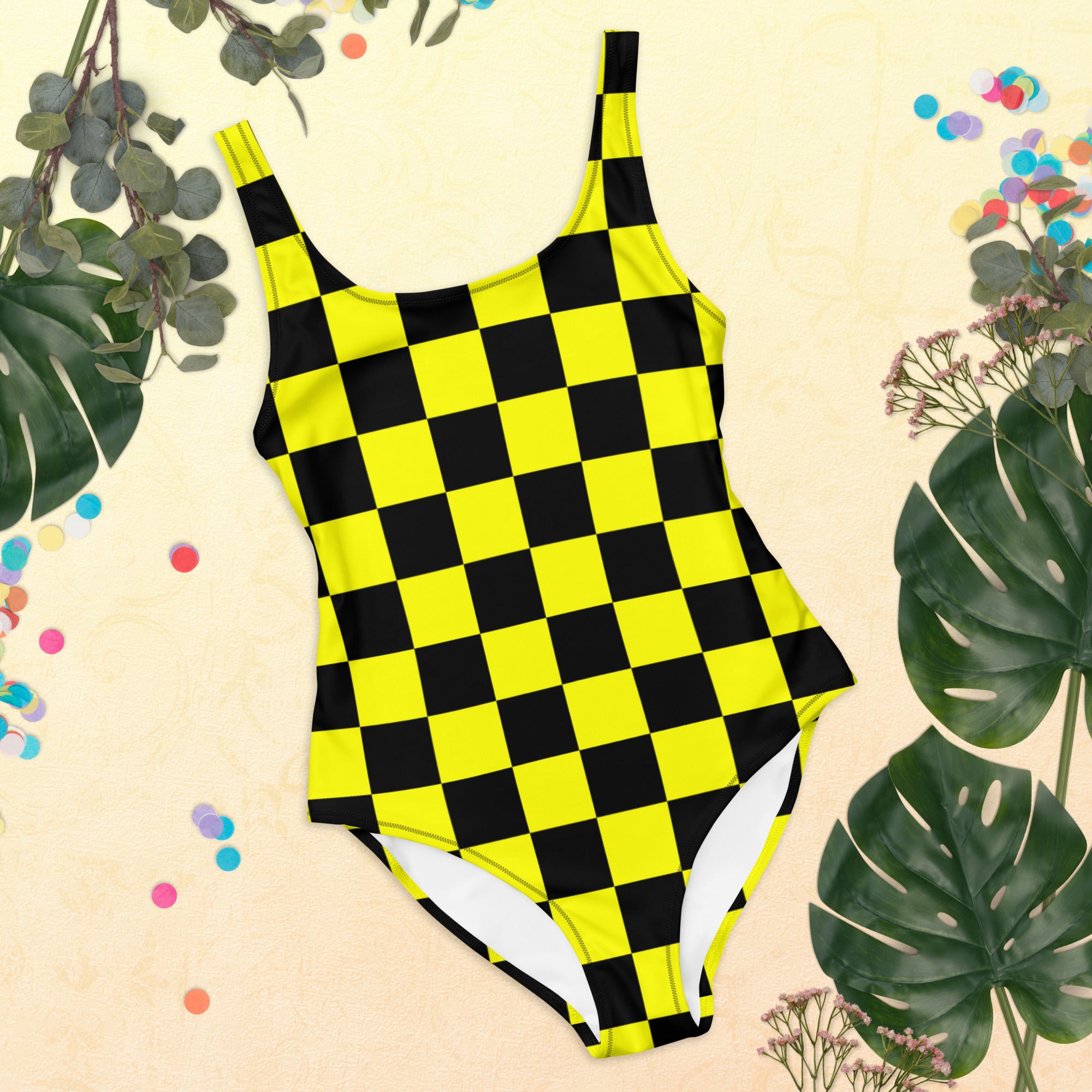 Preppy Yellow and Black Aesthetic Checkered One-Piece Swimsuit