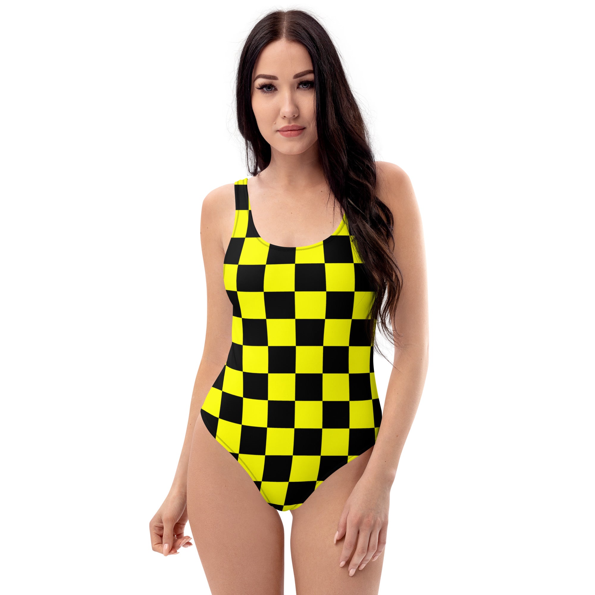 Preppy Yellow and Black Aesthetic Checkered One-Piece Swimsuit