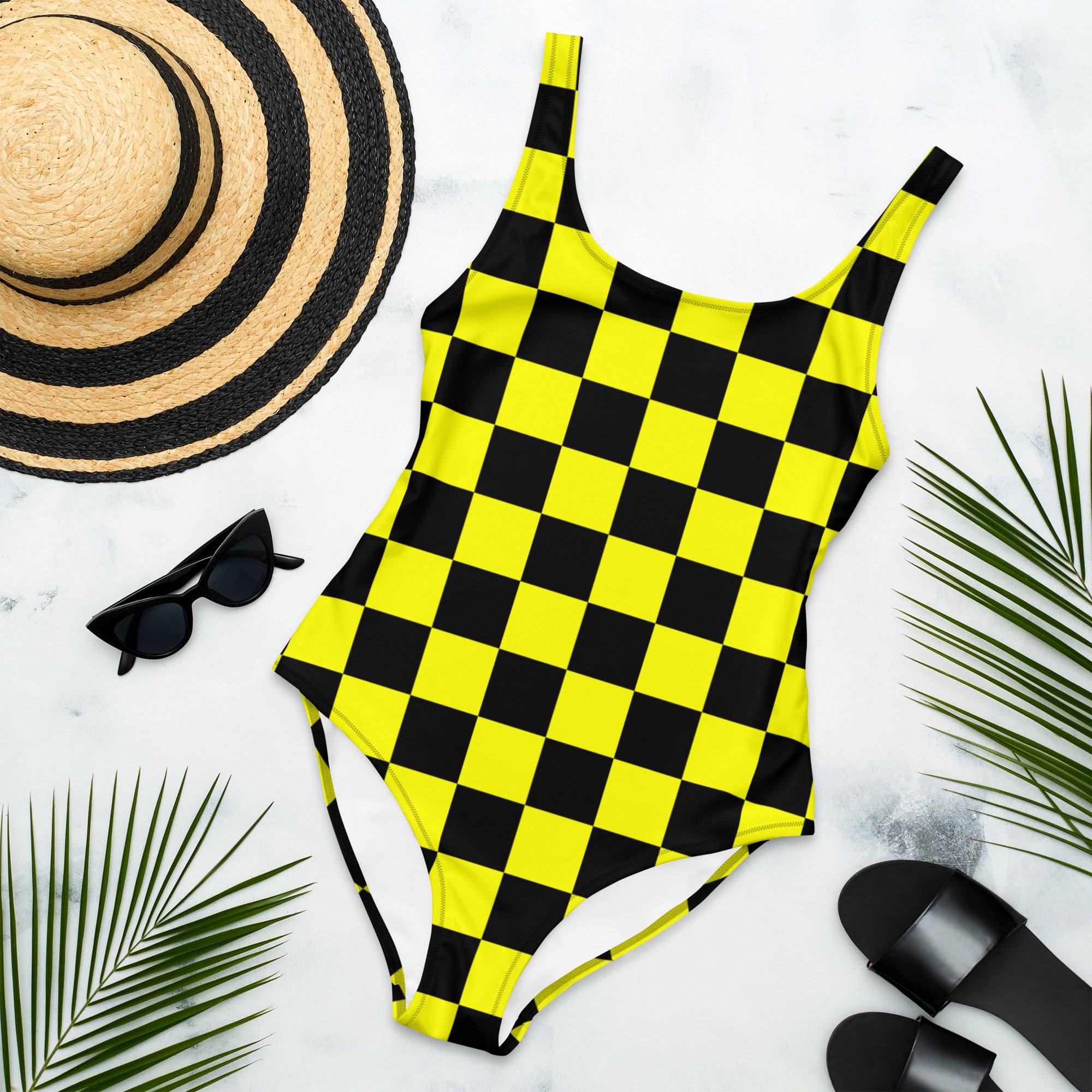 Preppy Yellow and Black Aesthetic Checkered One-Piece Swimsuit