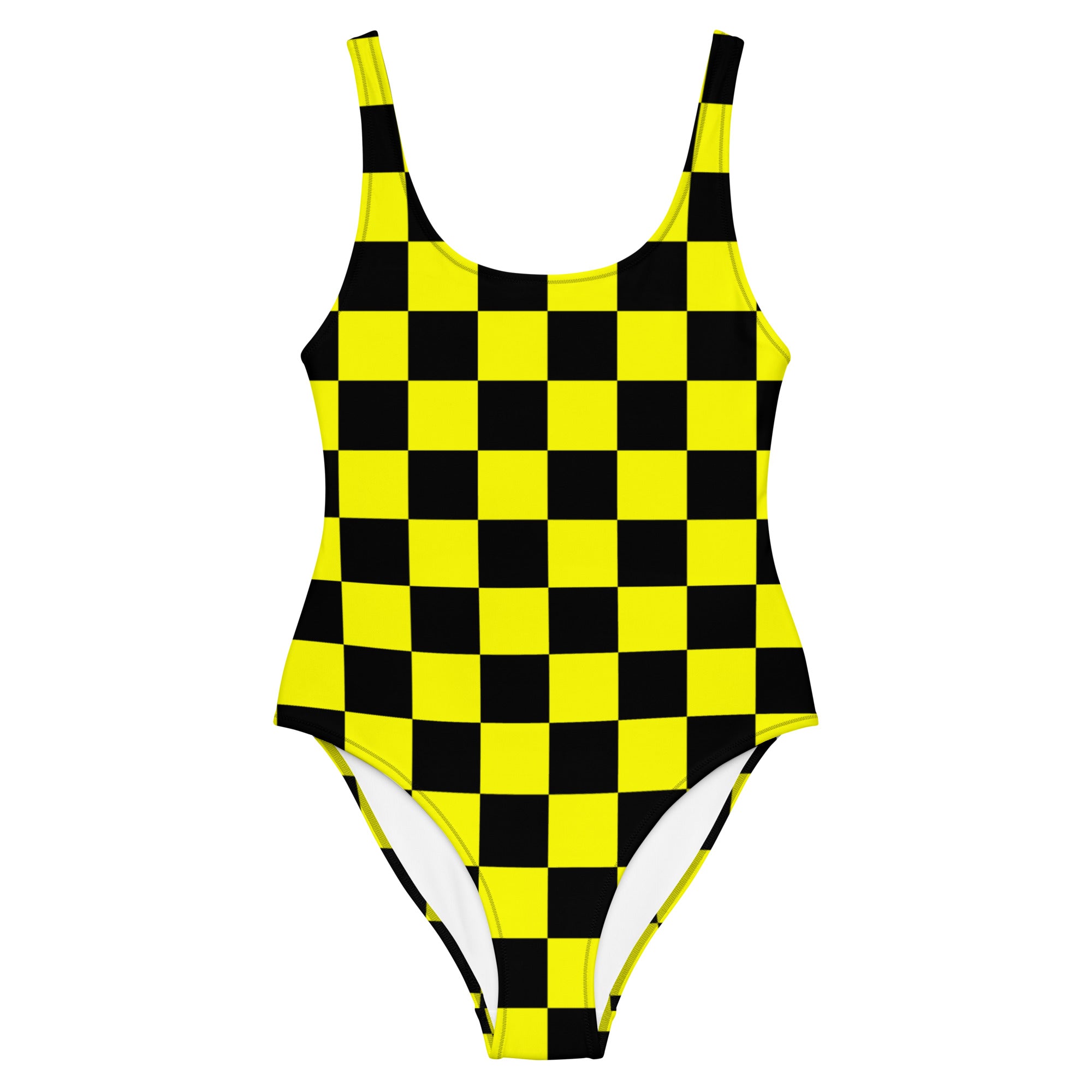 Preppy Yellow and Black Aesthetic Checkered One-Piece Swimsuit