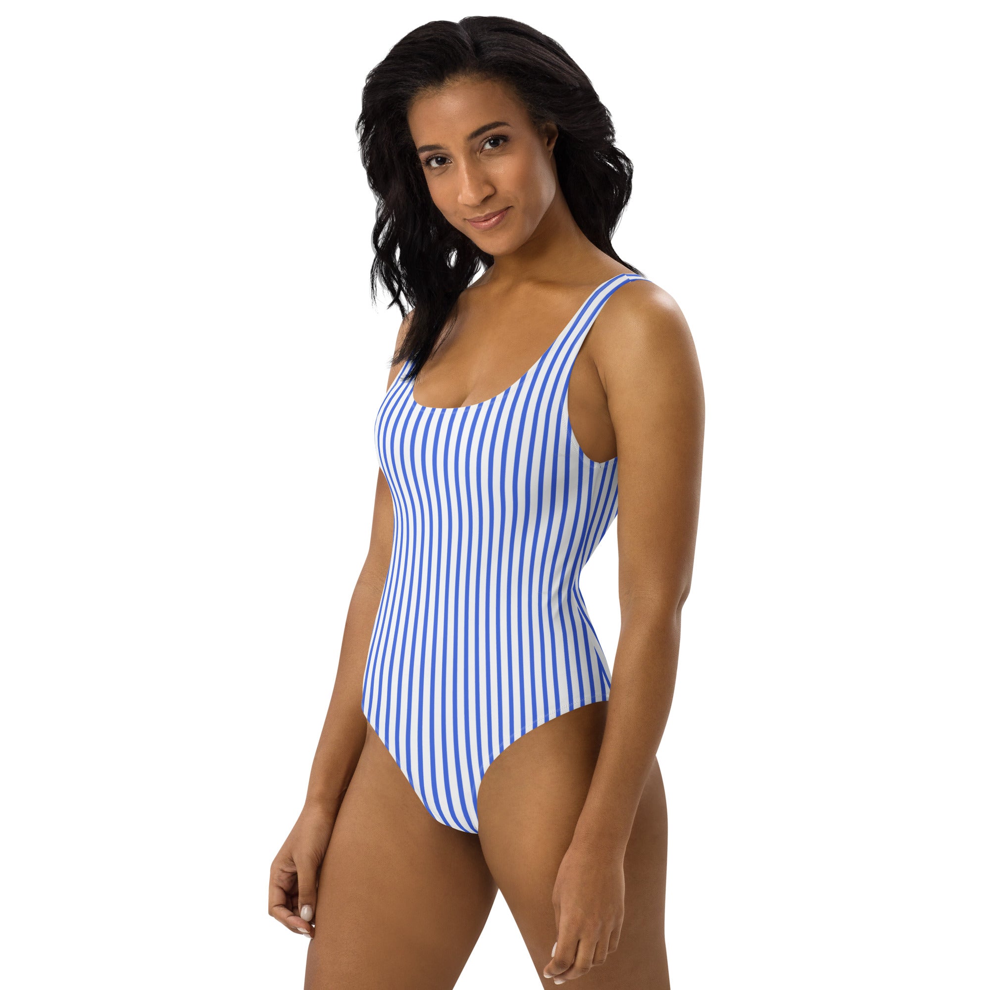 Preppy Nautical Striped Blue & White Horizontal Streaks Lines One-Piece Swimsuit