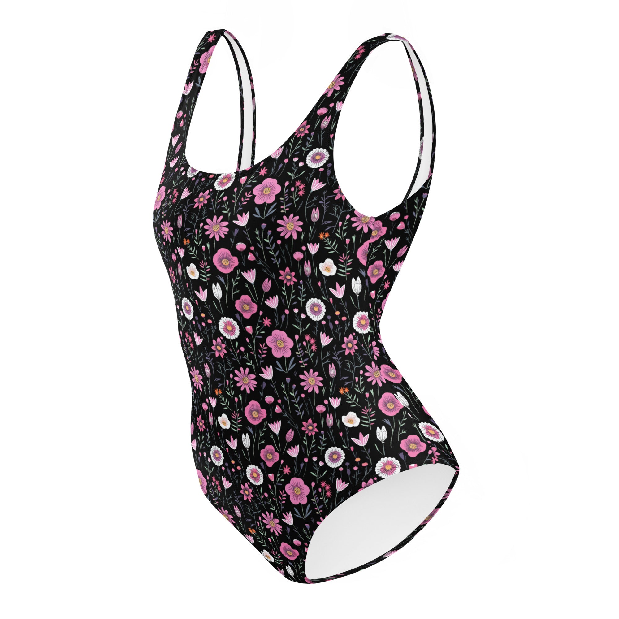 Black Floral One-Piece Swimsuit for Preppy Women
