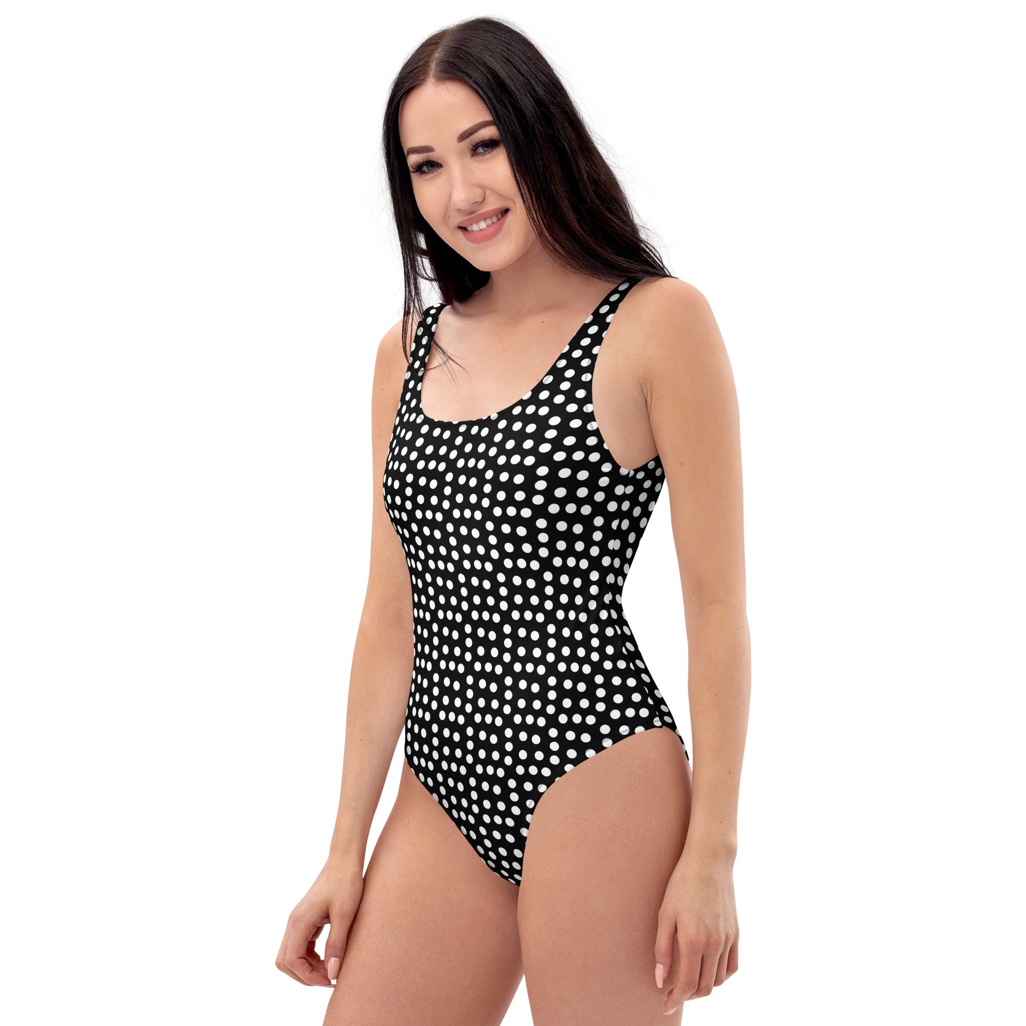 Vintage Preppy Style Black with White Polka Dot One-Piece Swimsuit
