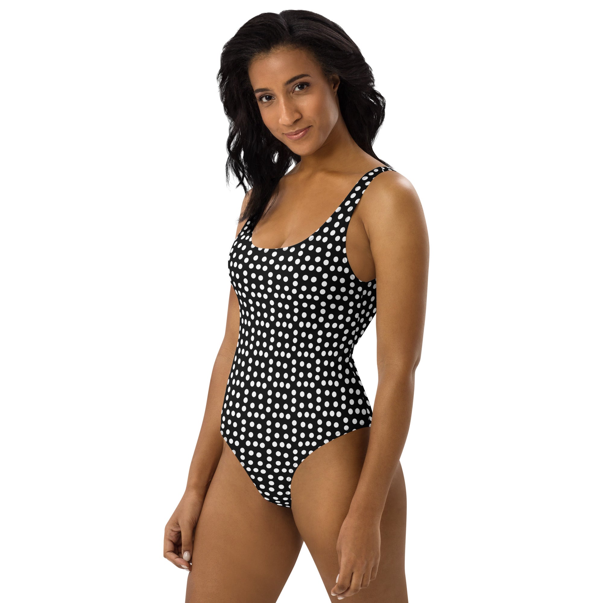Vintage Preppy Style Black with White Polka Dot One-Piece Swimsuit