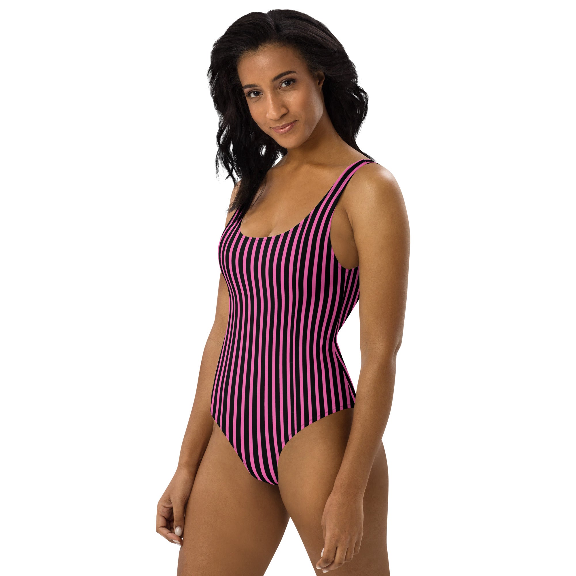 Preppy Pink & Black Vertical Striped Fashionable One-Piece Swimsuit