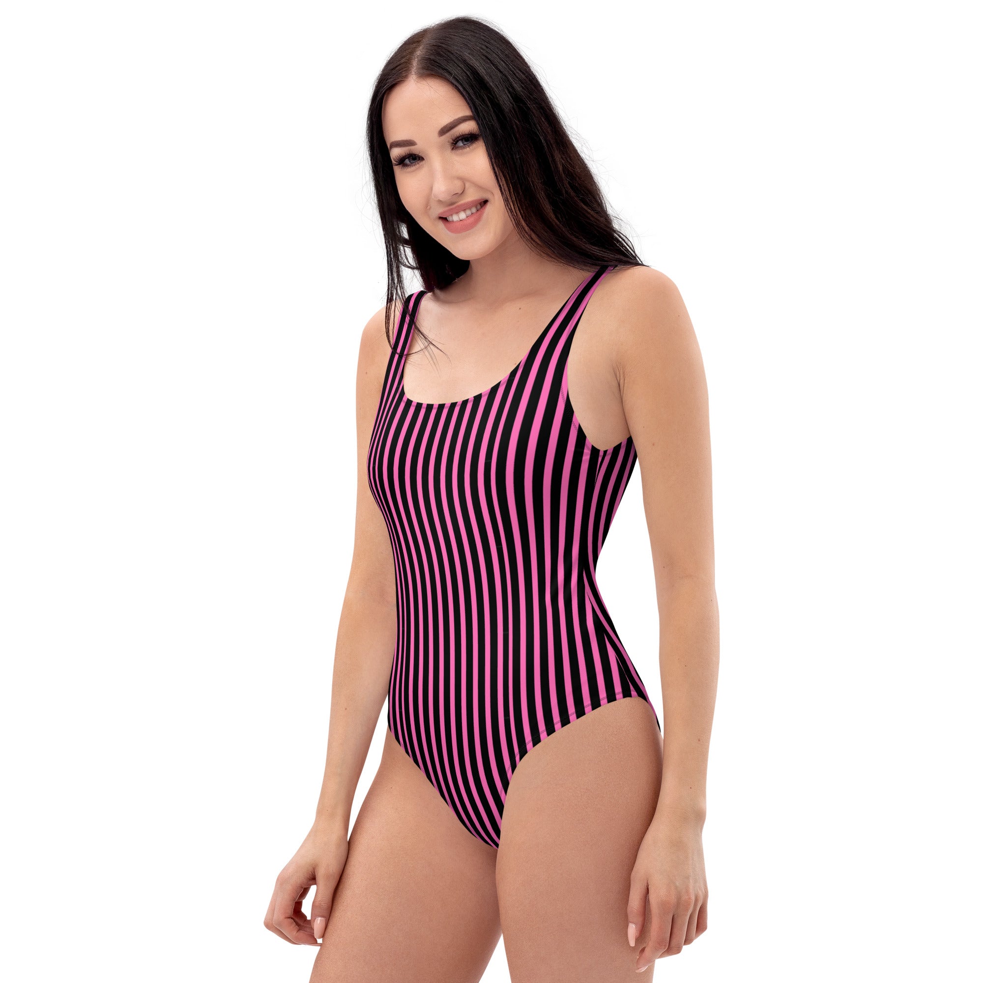 Preppy Pink & Black Vertical Striped Fashionable One-Piece Swimsuit