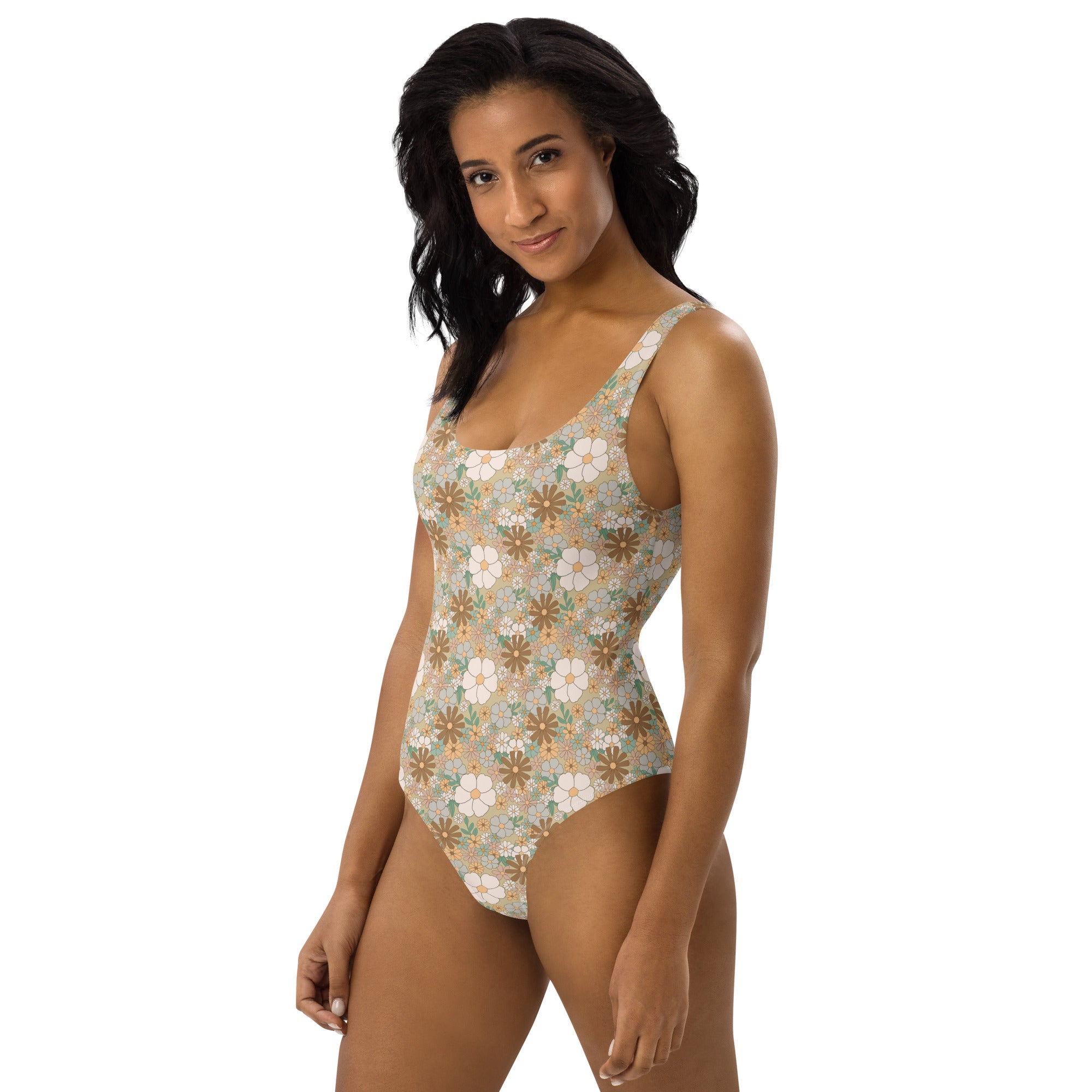 Aesthetic Groovy Brown Fall Floral One-Piece Swimsuit