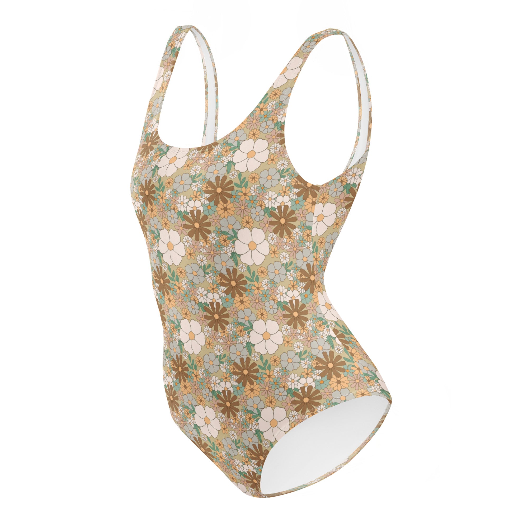 Aesthetic Groovy Brown Fall Floral One-Piece Swimsuit