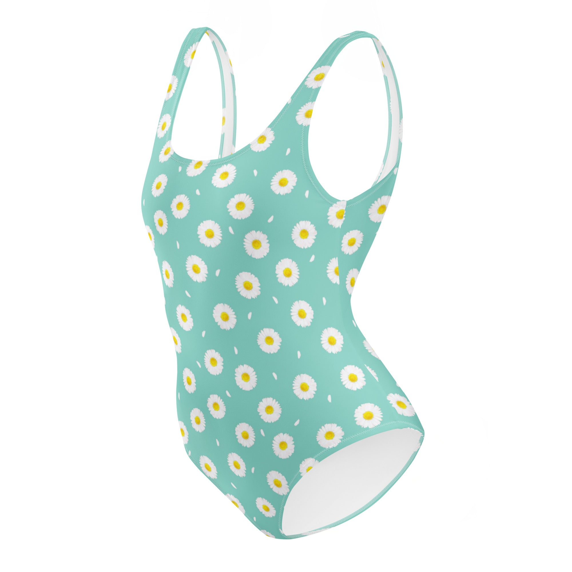 White Daisy Flower Pattern Pastel Blue One-Piece Swimsuit
