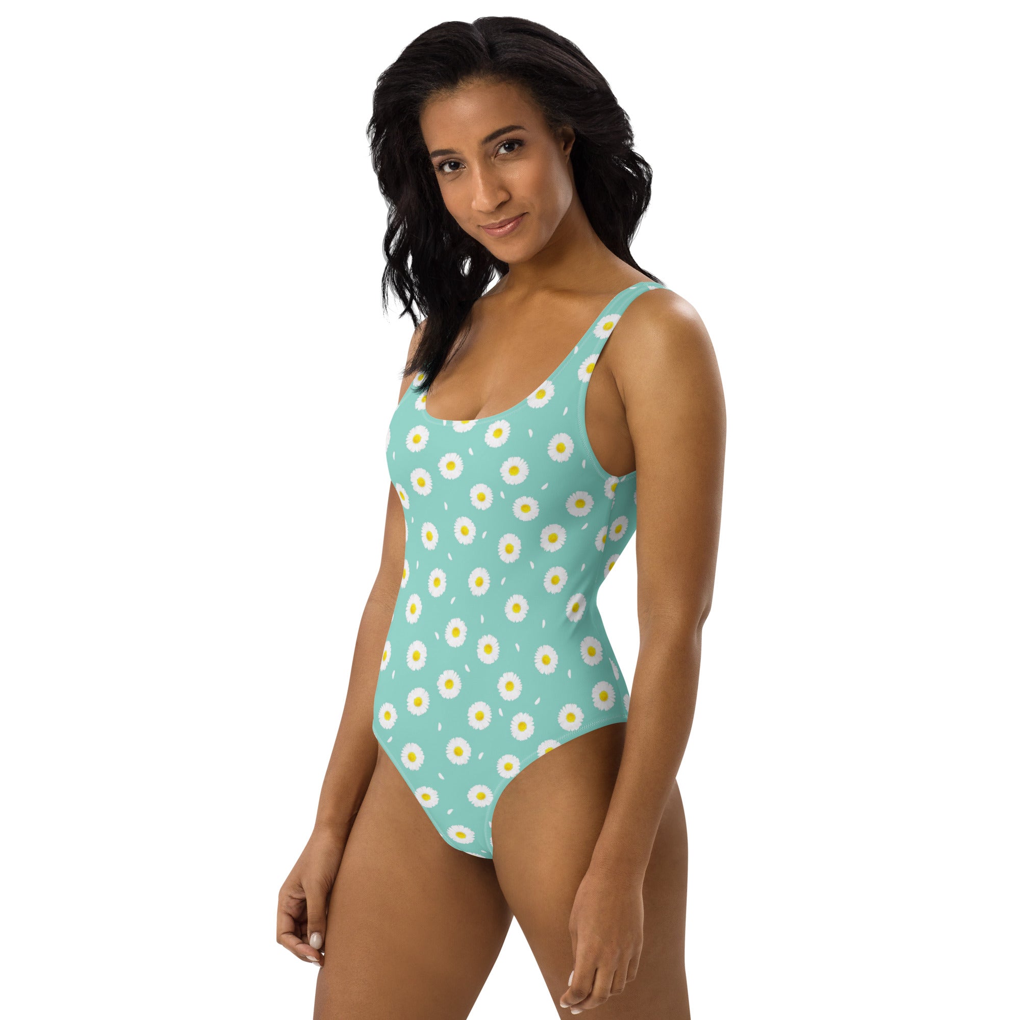 White Daisy Flower Pattern Pastel Blue One-Piece Swimsuit