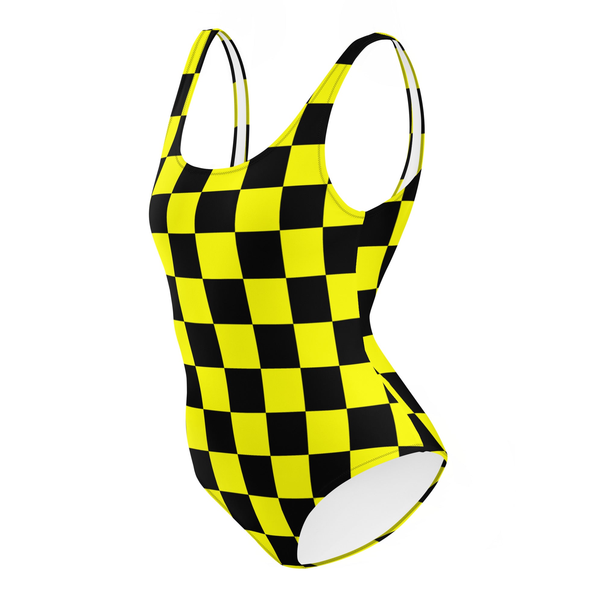 Preppy Yellow and Black Aesthetic Checkered One-Piece Swimsuit