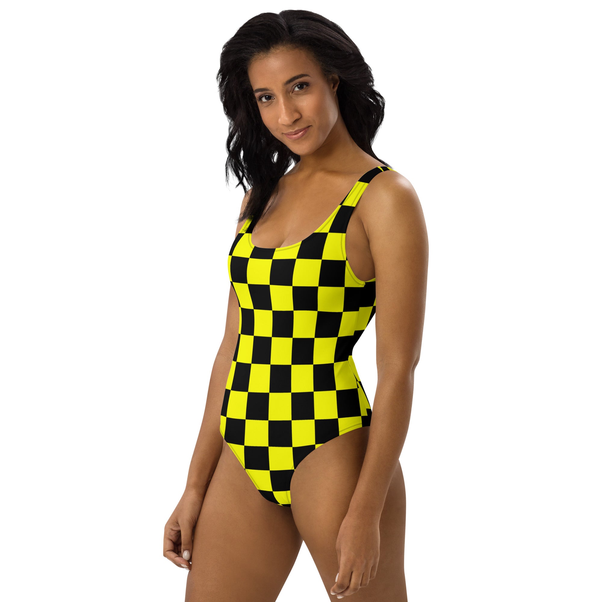 Preppy Yellow and Black Aesthetic Checkered One-Piece Swimsuit