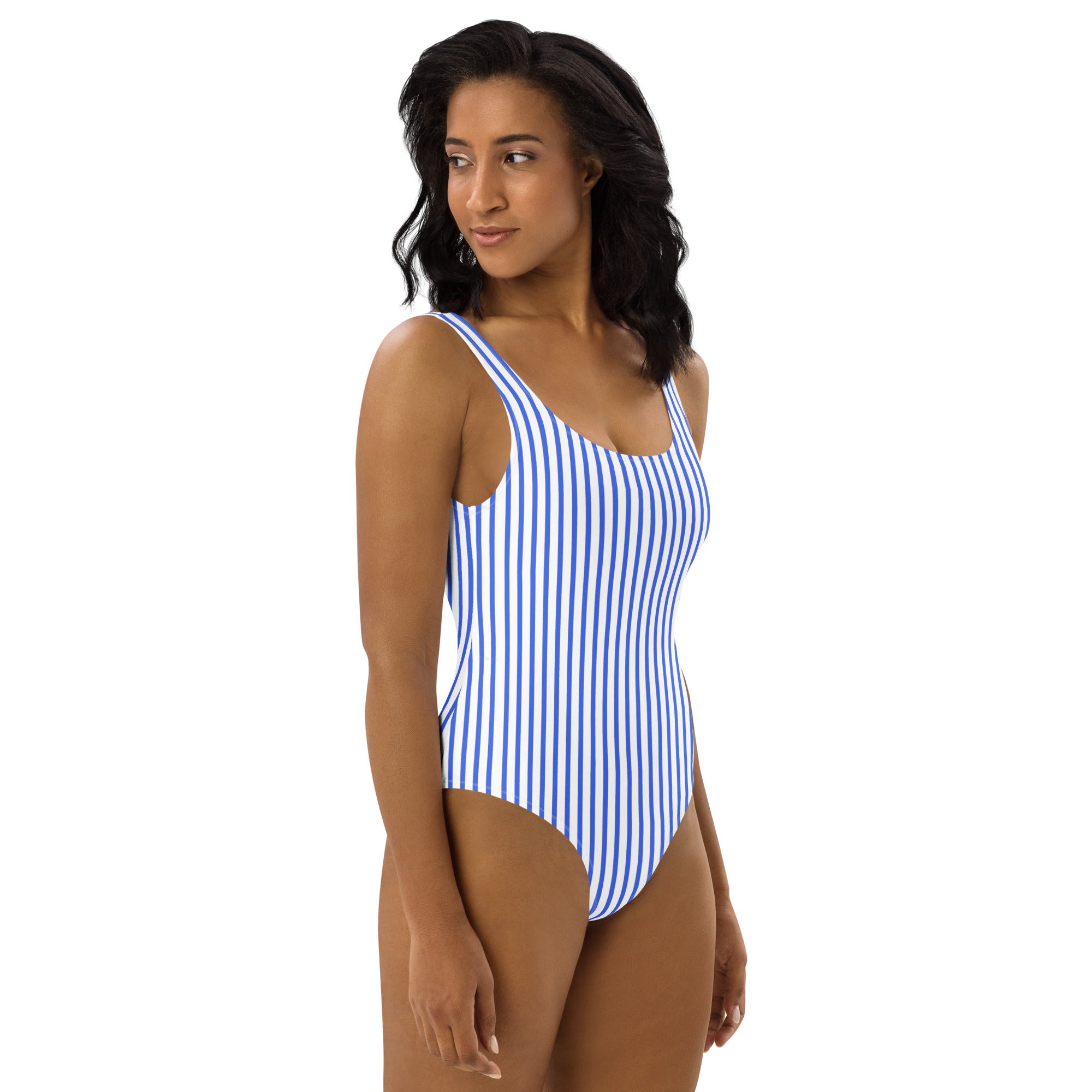 Preppy Nautical Striped Blue & White Horizontal Streaks Lines One-Piece Swimsuit
