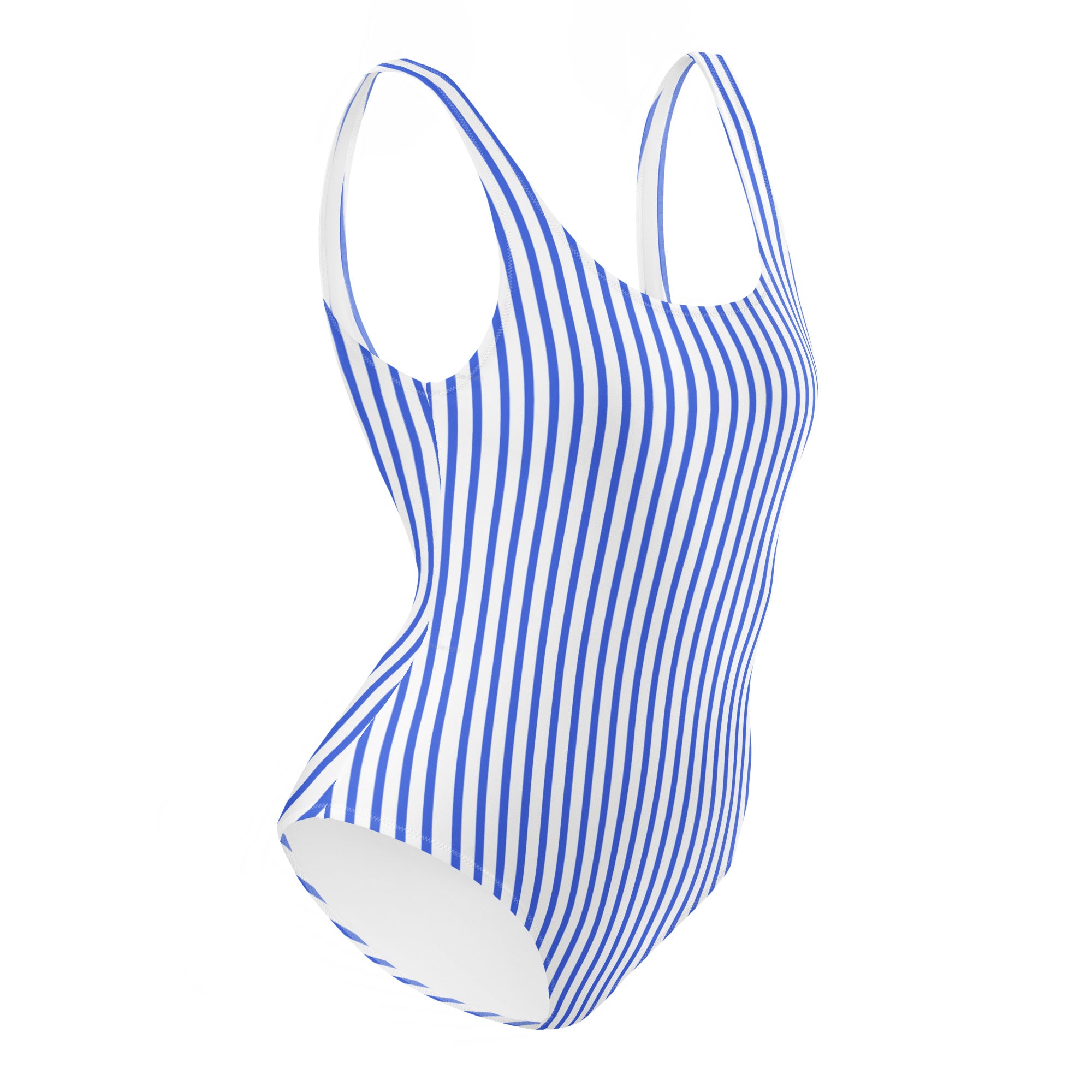 Preppy Nautical Striped Blue & White Horizontal Streaks Lines One-Piece Swimsuit