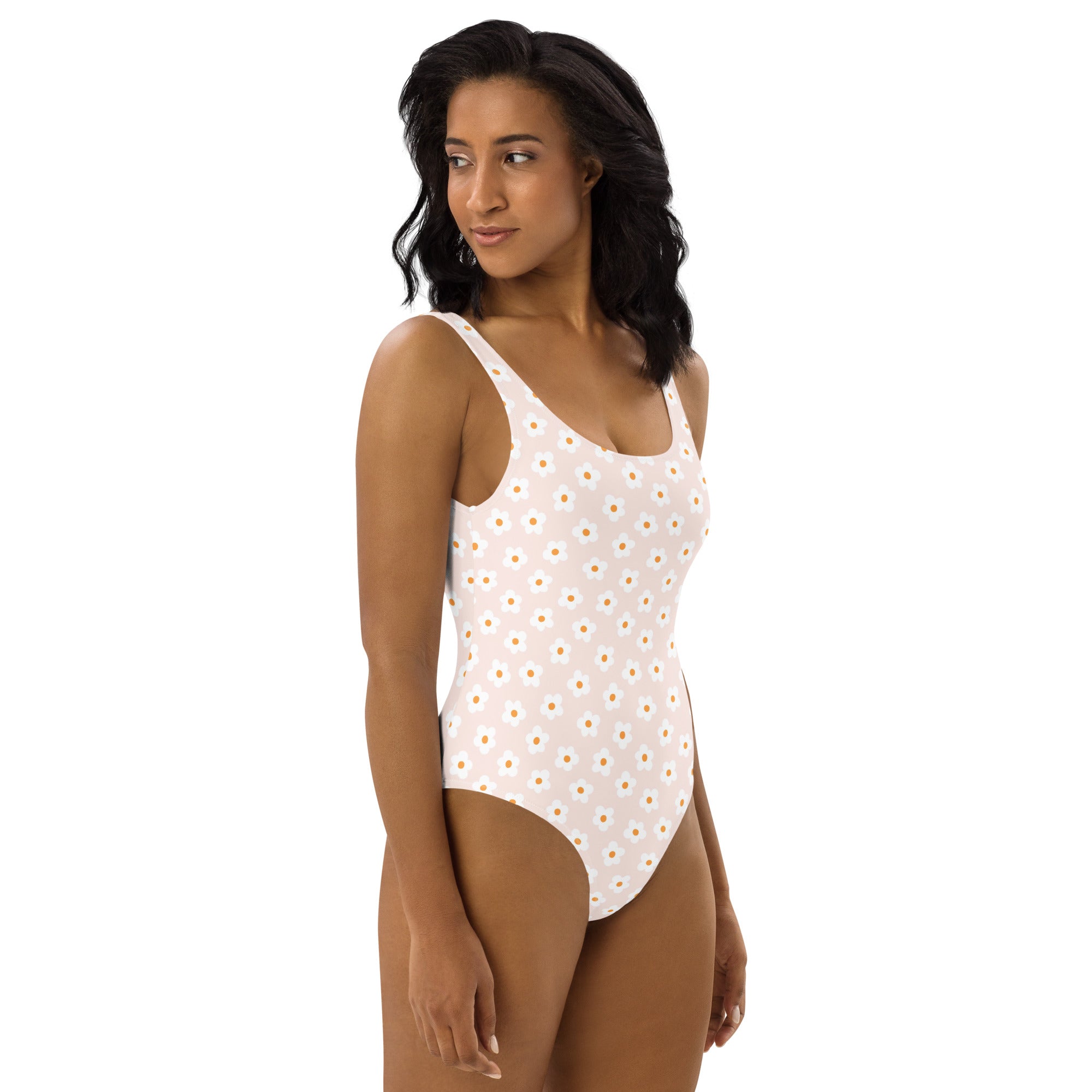 Preppy Pink Minimal Daisy Floral One-Piece Swimsuit