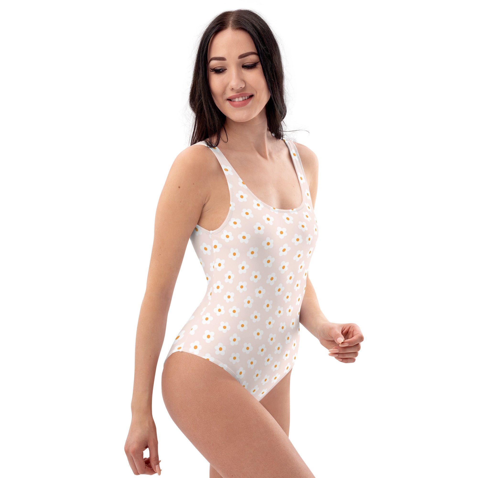 Preppy Pink Minimal Daisy Floral One-Piece Swimsuit