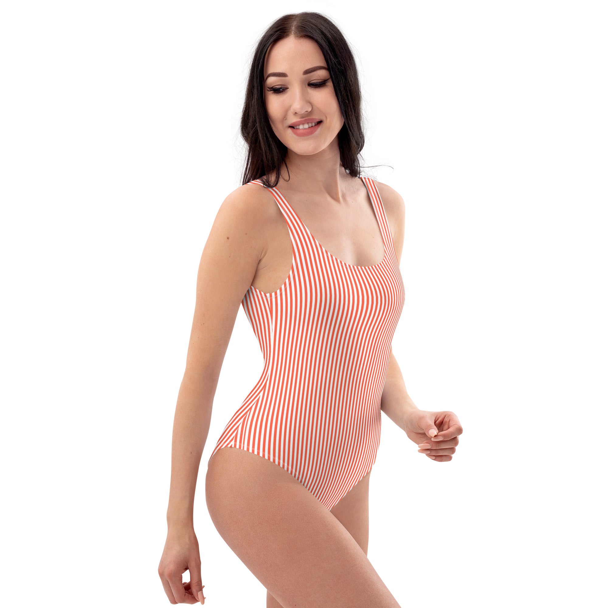Preppy White and Orange Stripes One-Piece Swimsuit