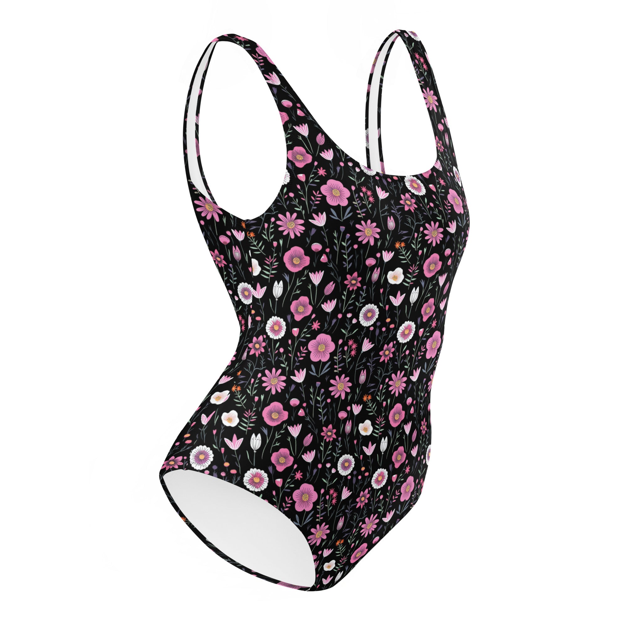 Black Floral One-Piece Swimsuit for Preppy Women