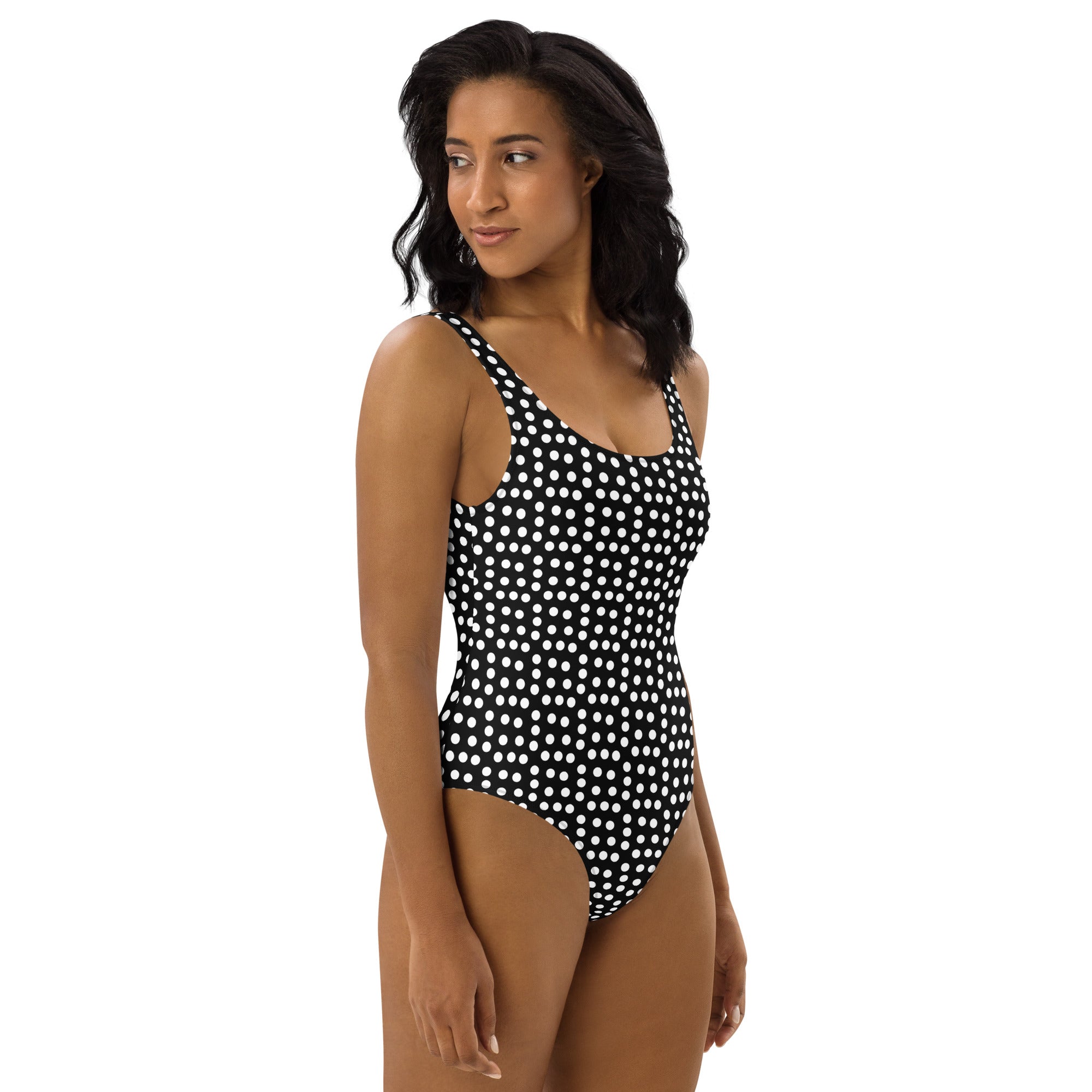 Vintage Preppy Style Black with White Polka Dot One-Piece Swimsuit