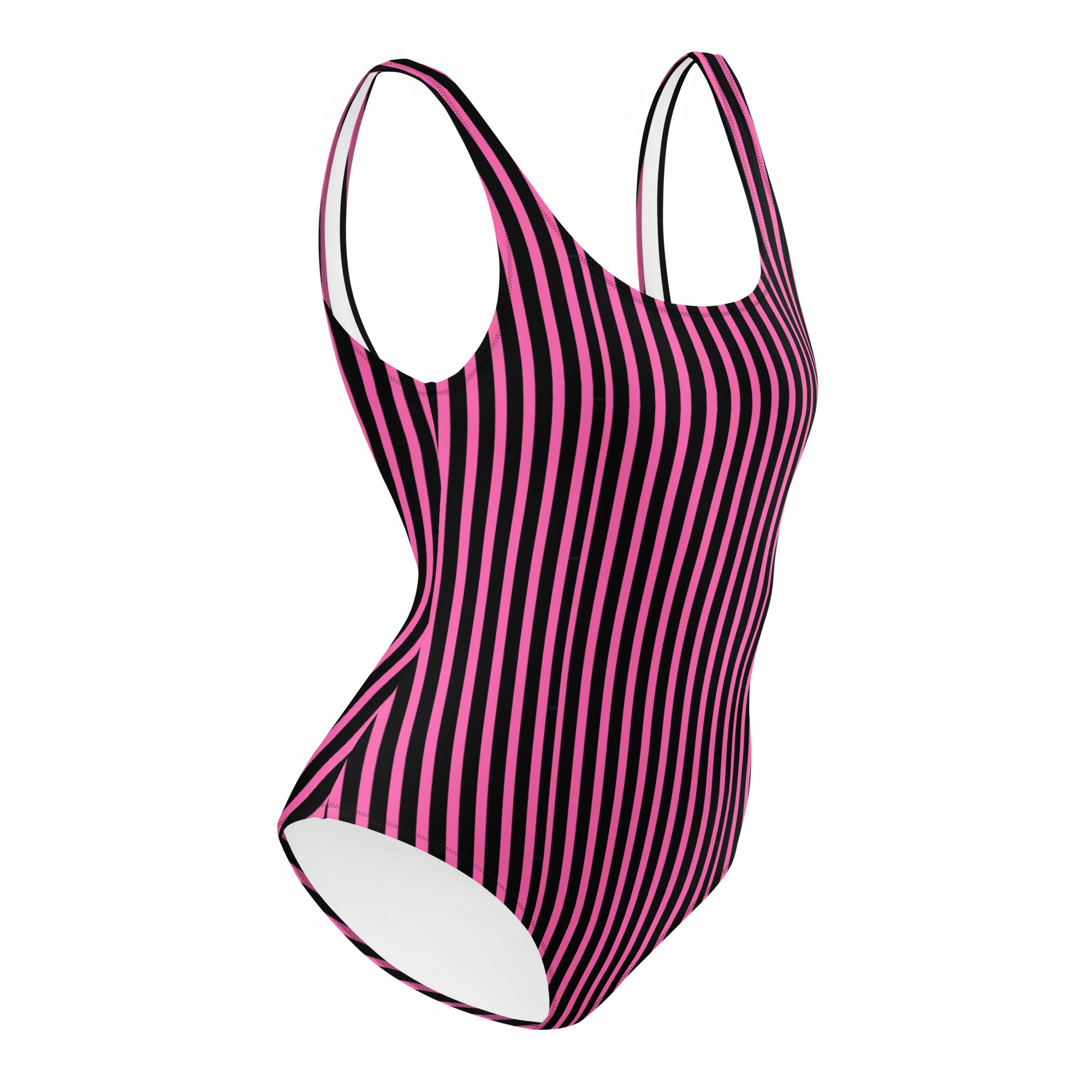 Preppy Pink & Black Vertical Striped Fashionable One-Piece Swimsuit