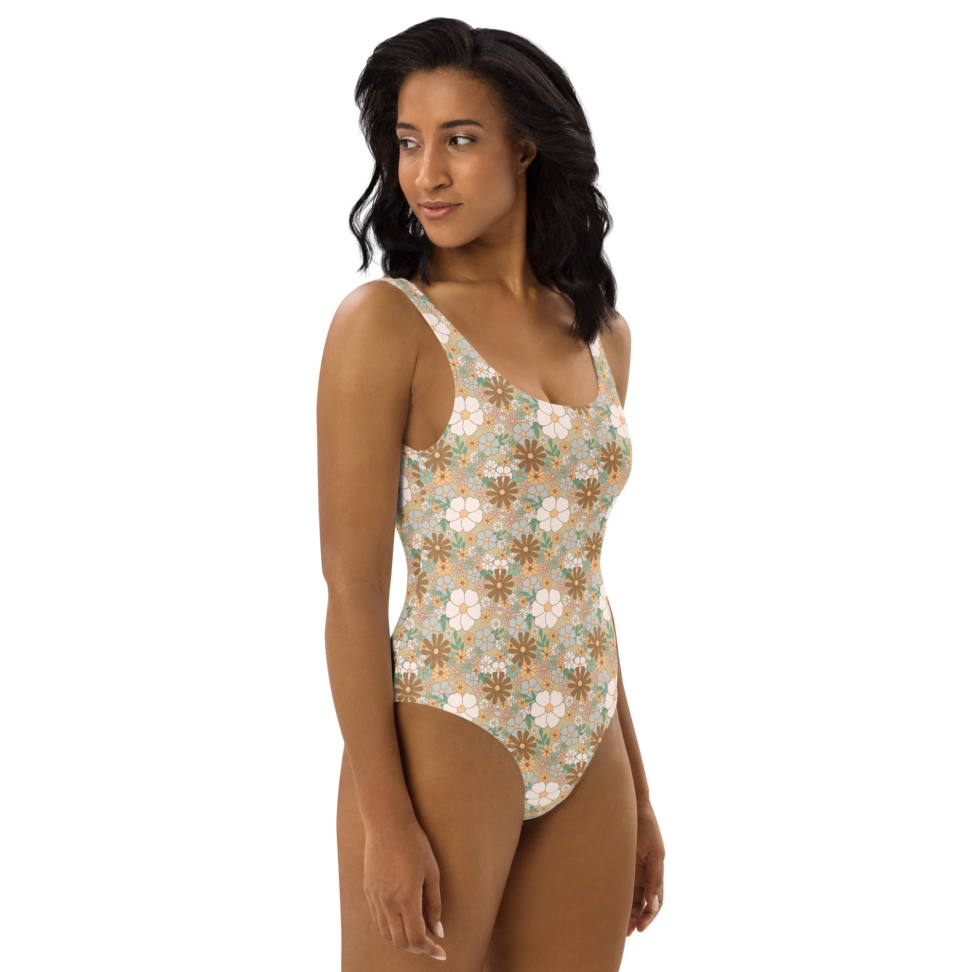 Aesthetic Groovy Brown Fall Floral One-Piece Swimsuit