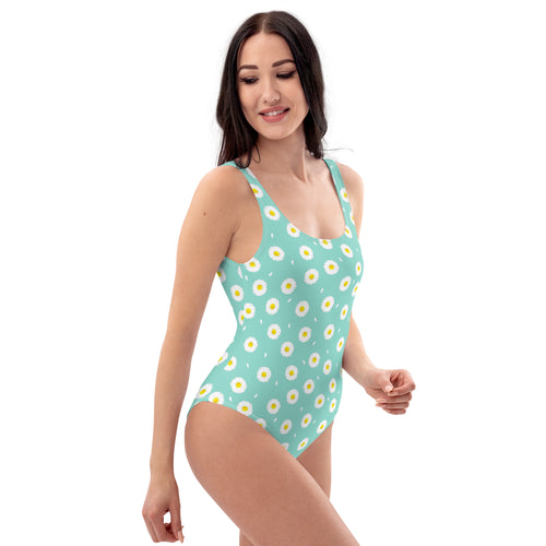 White Daisy Flower Pattern Pastel Blue One-Piece Swimsuit
