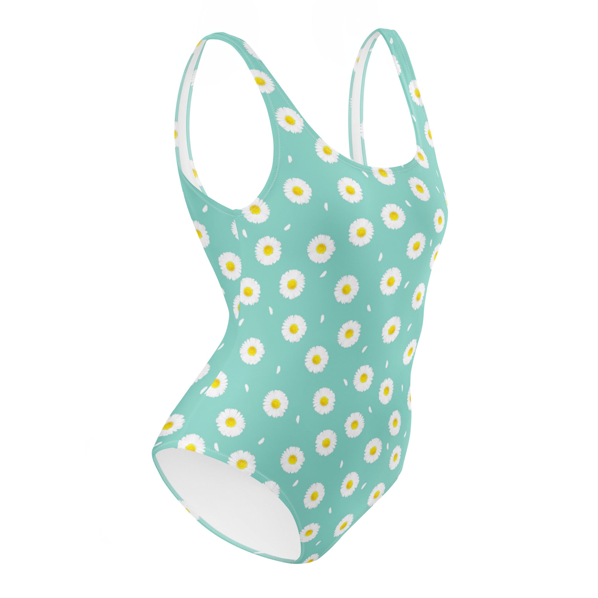 White Daisy Flower Pattern Pastel Blue One-Piece Swimsuit