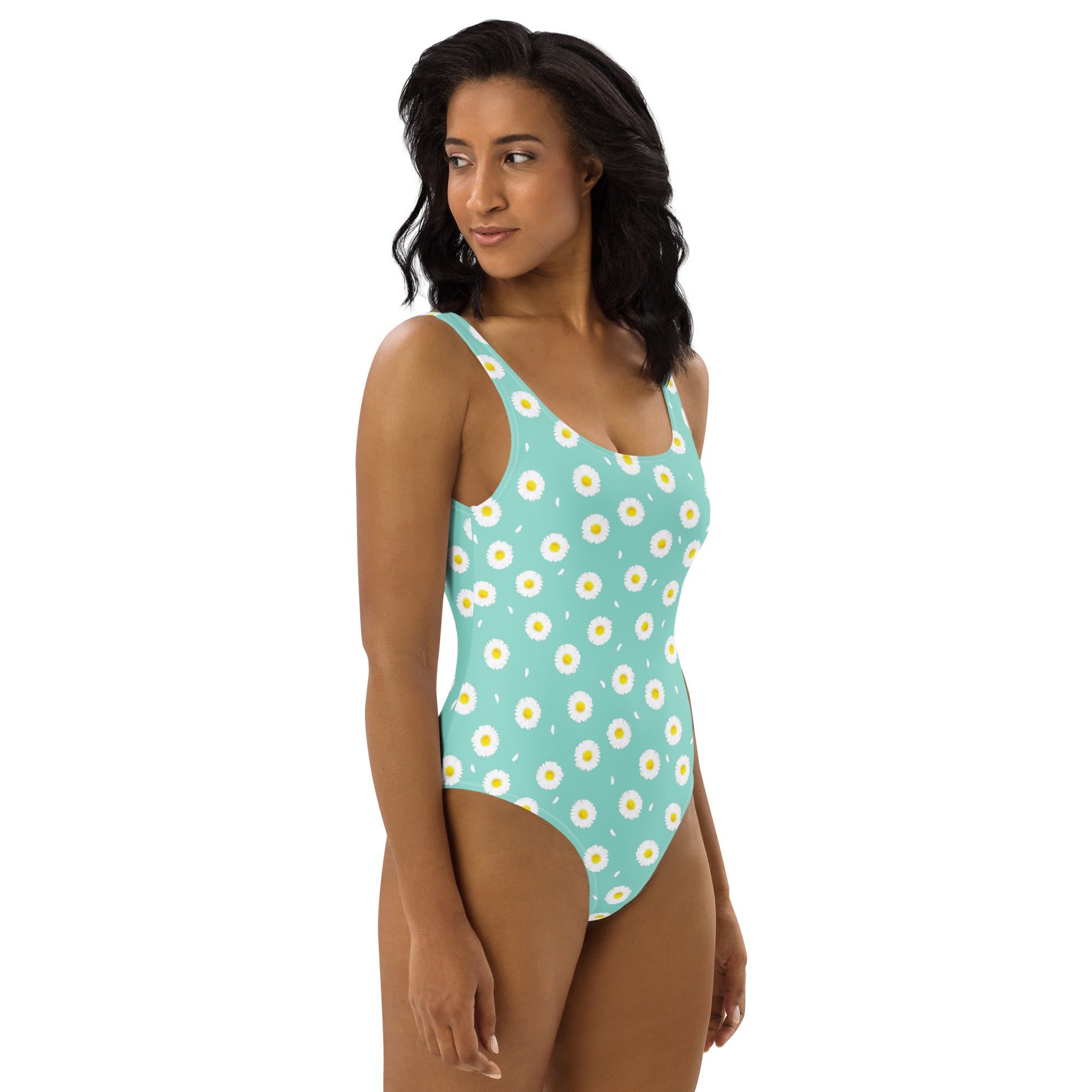White Daisy Flower Pattern Pastel Blue One-Piece Swimsuit