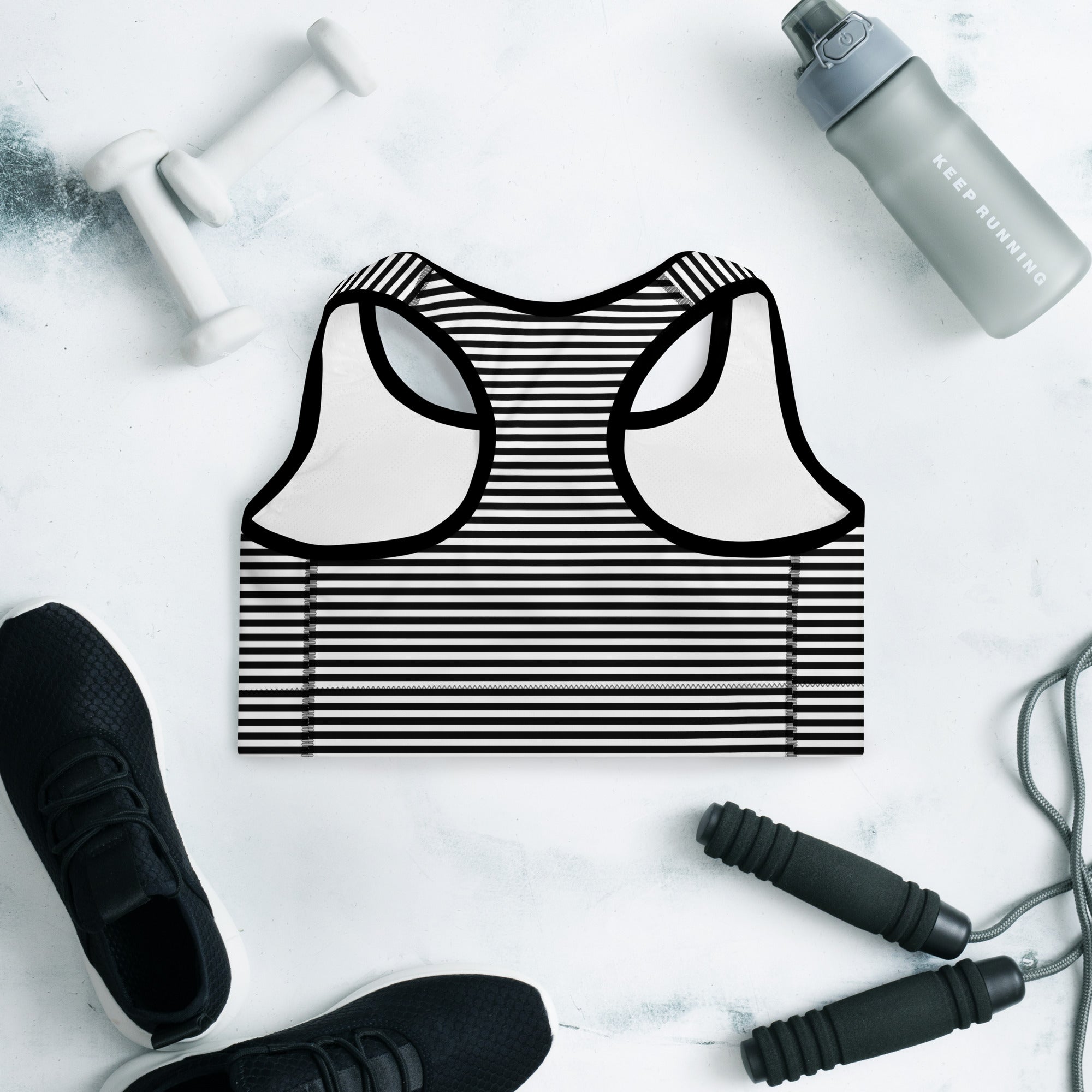 Preppy Black Striped Body Fit Padded Sports Bra