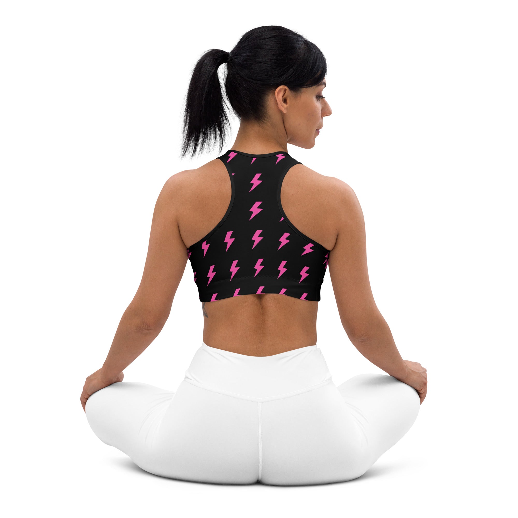 Preppy Pink Lightning Bolts Black Padded Sports Bra