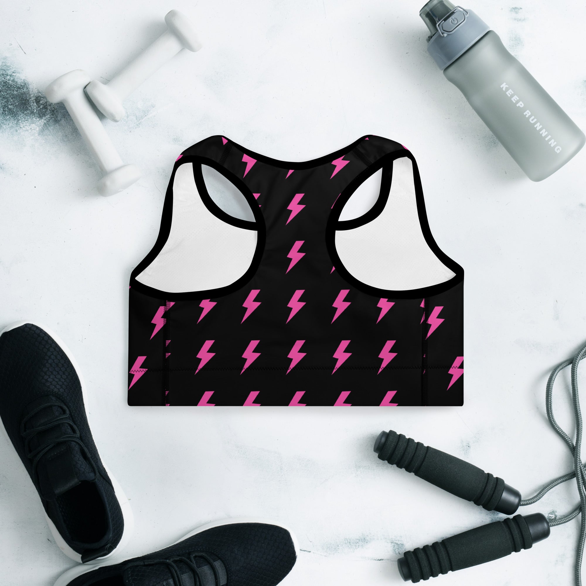 Preppy Pink Lightning Bolts Black Padded Sports Bra