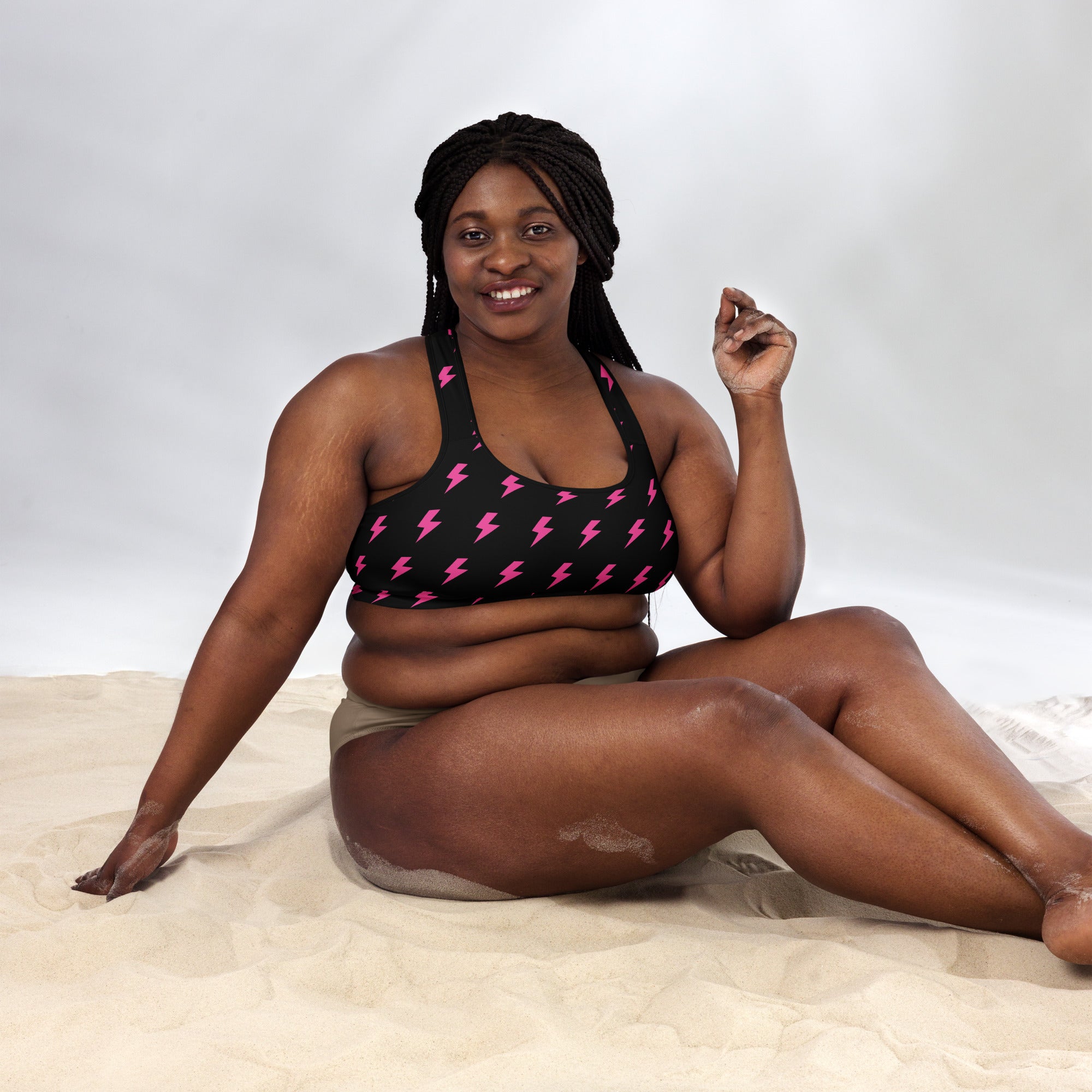 Preppy Pink Lightning Bolts Black Padded Sports Bra