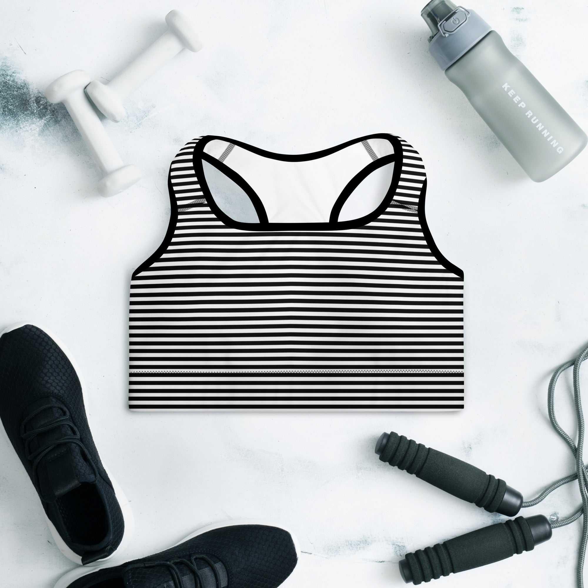 Preppy Black Striped Body Fit Padded Sports Bra