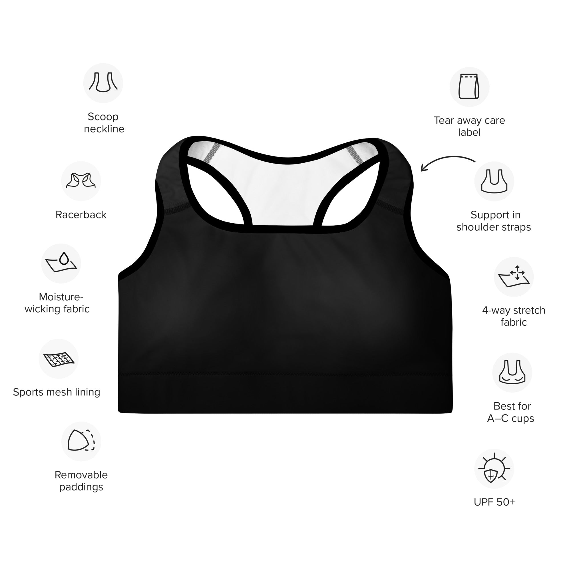 Preppy Plain Black Padded Sports Bra