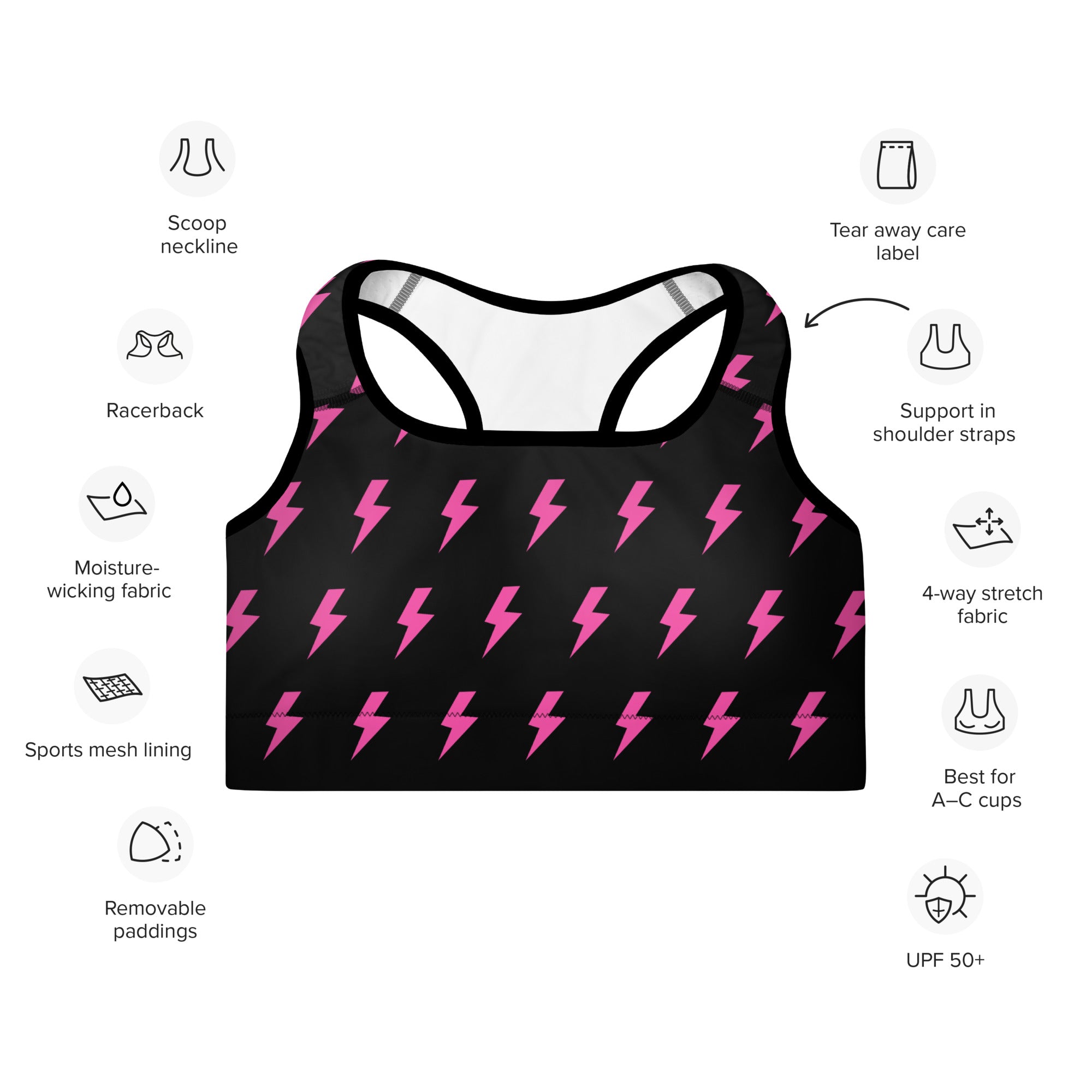 Preppy Pink Lightning Bolts Black Padded Sports Bra