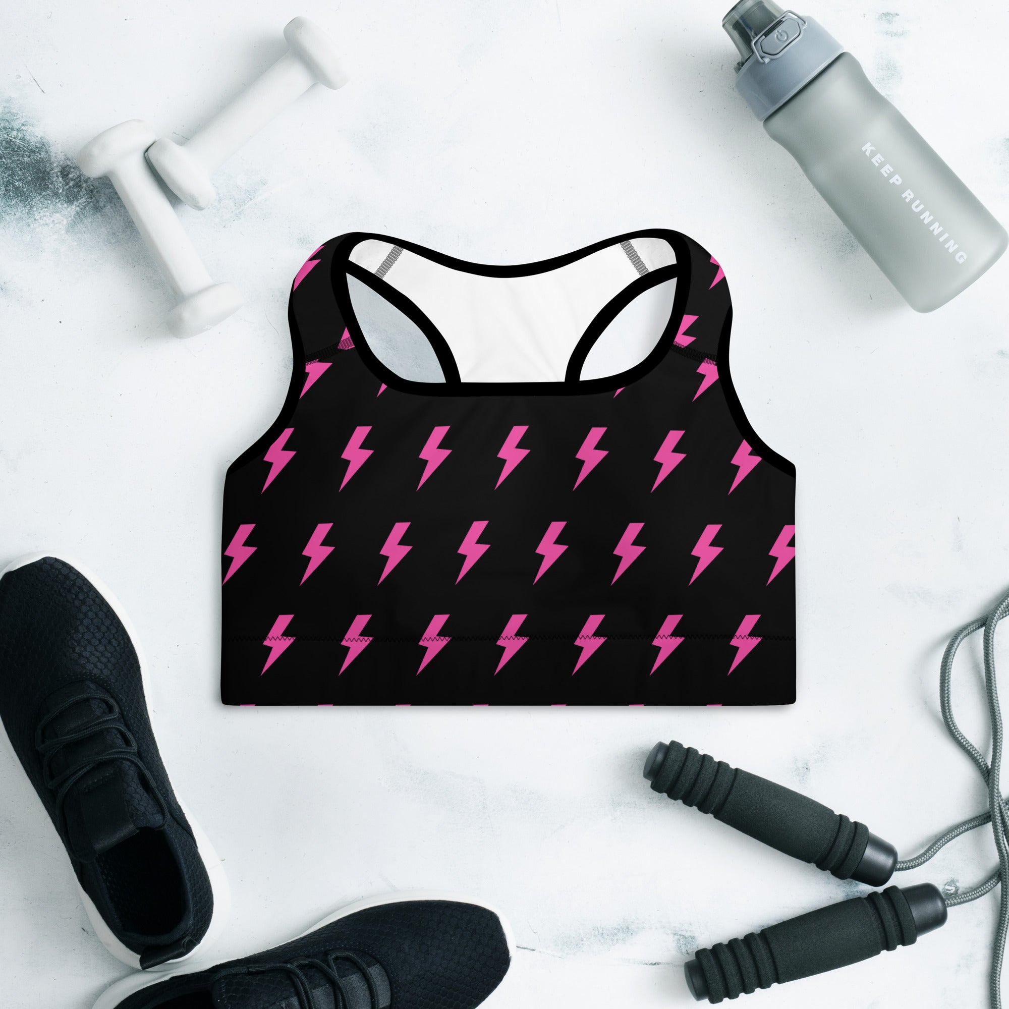 Preppy Pink Lightning Bolts Black Padded Sports Bra