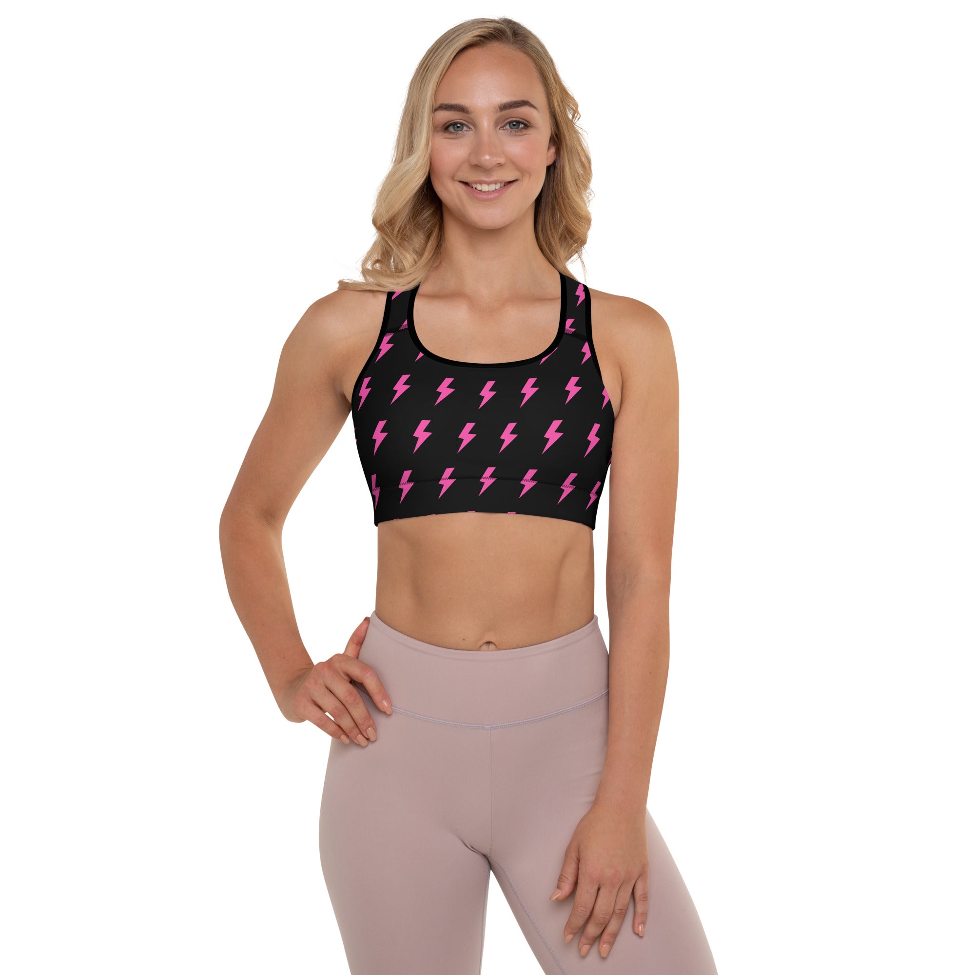 Preppy Pink Lightning Bolts Black Padded Sports Bra