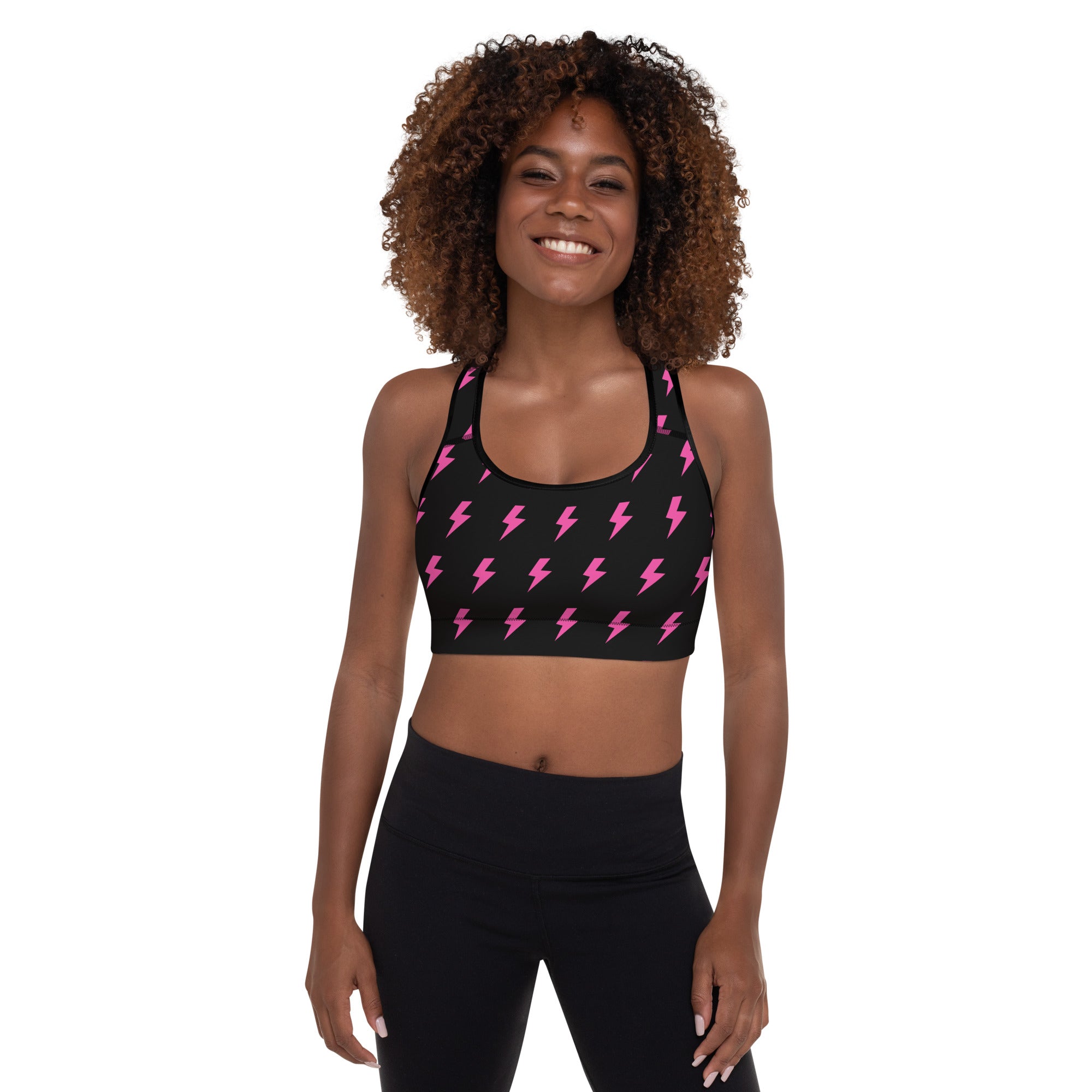 Preppy Pink Lightning Bolts Black Padded Sports Bra