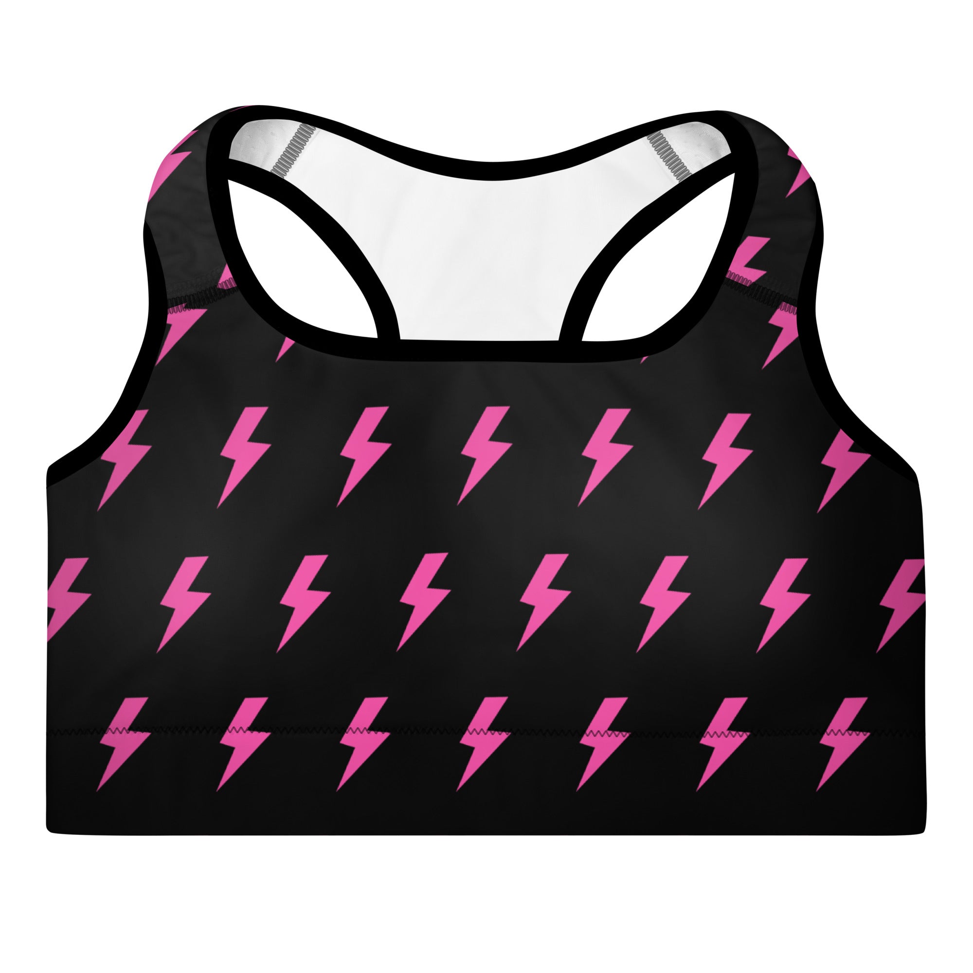 Preppy Pink Lightning Bolts Black Padded Sports Bra