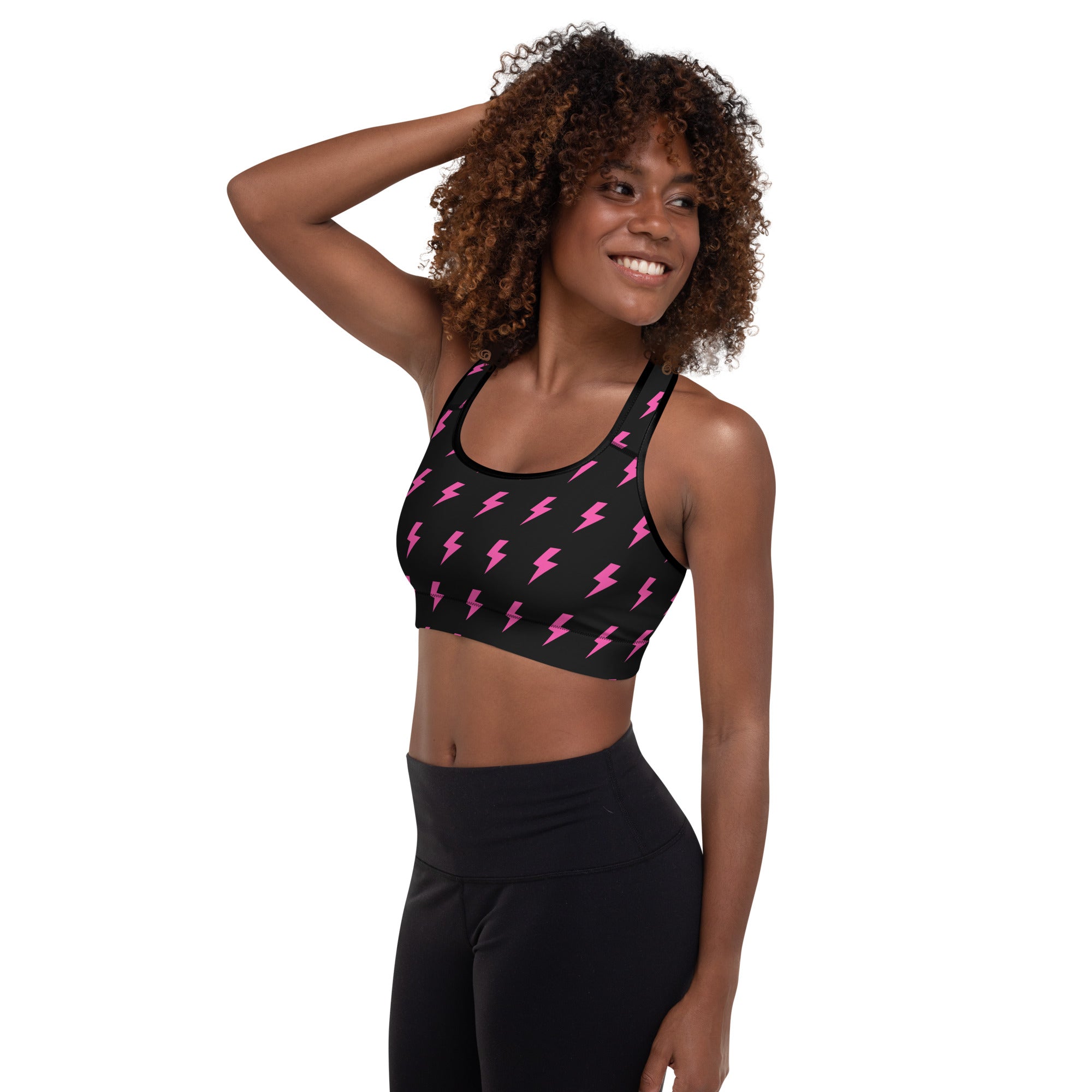 Preppy Pink Lightning Bolts Black Padded Sports Bra
