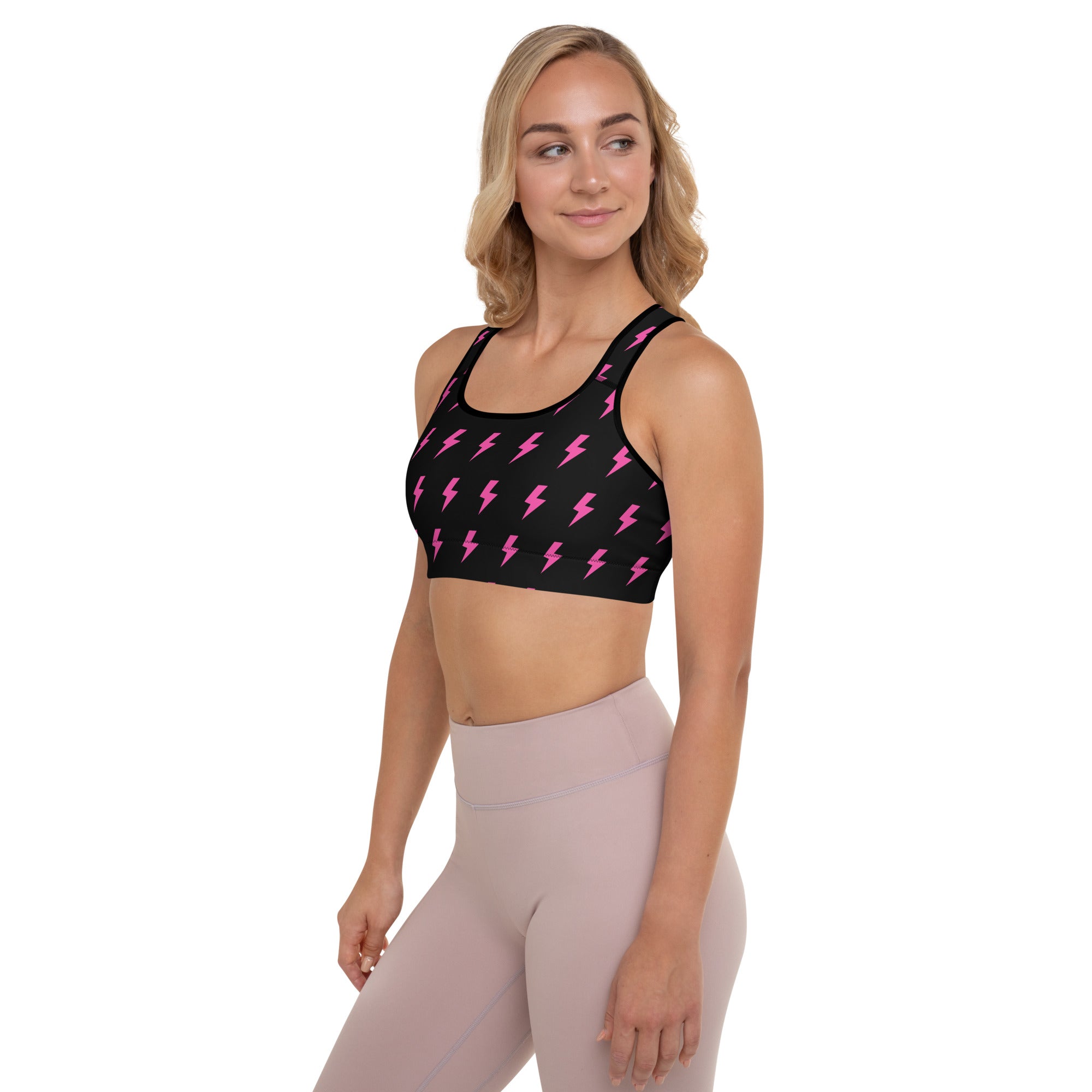 Preppy Pink Lightning Bolts Black Padded Sports Bra