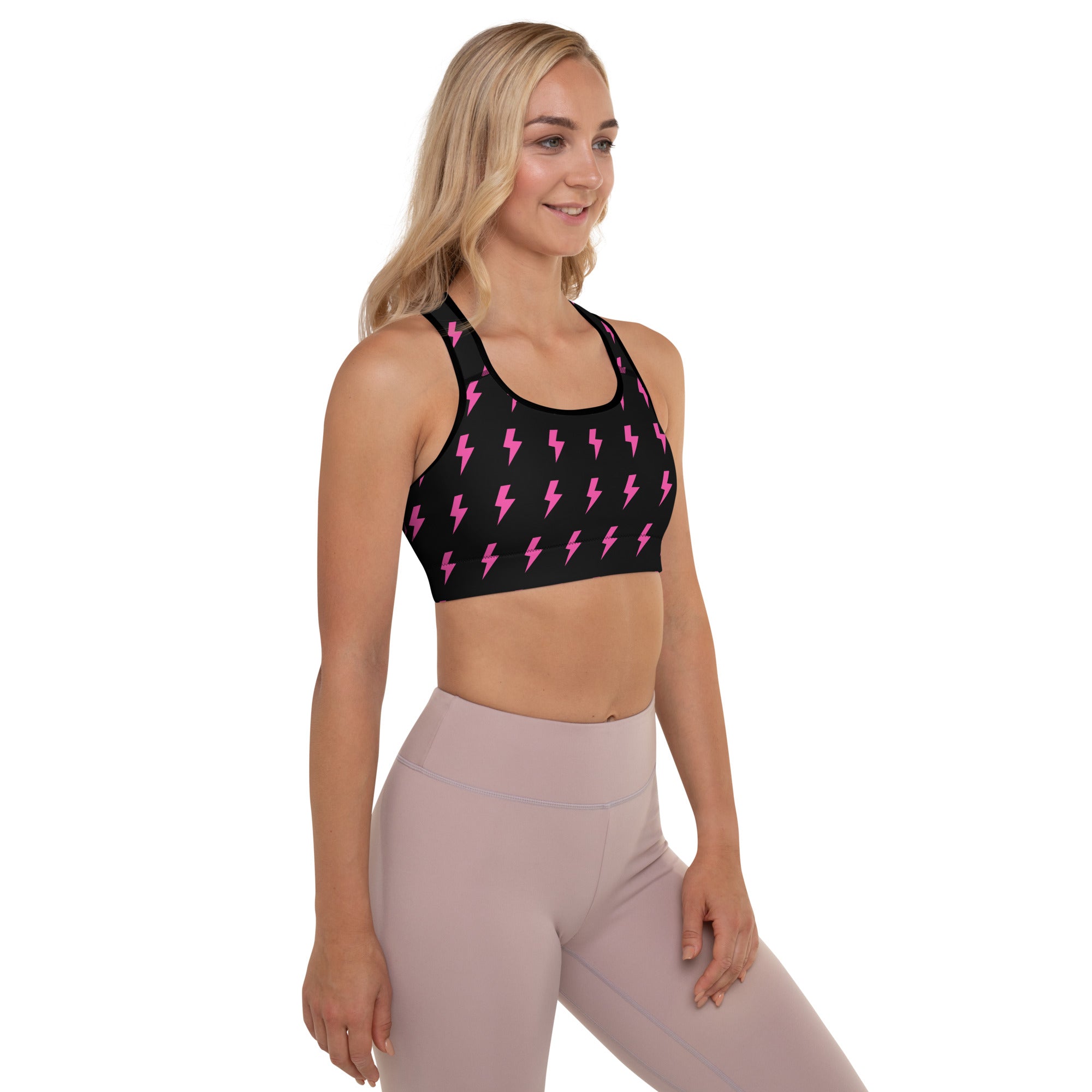Preppy Pink Lightning Bolts Black Padded Sports Bra