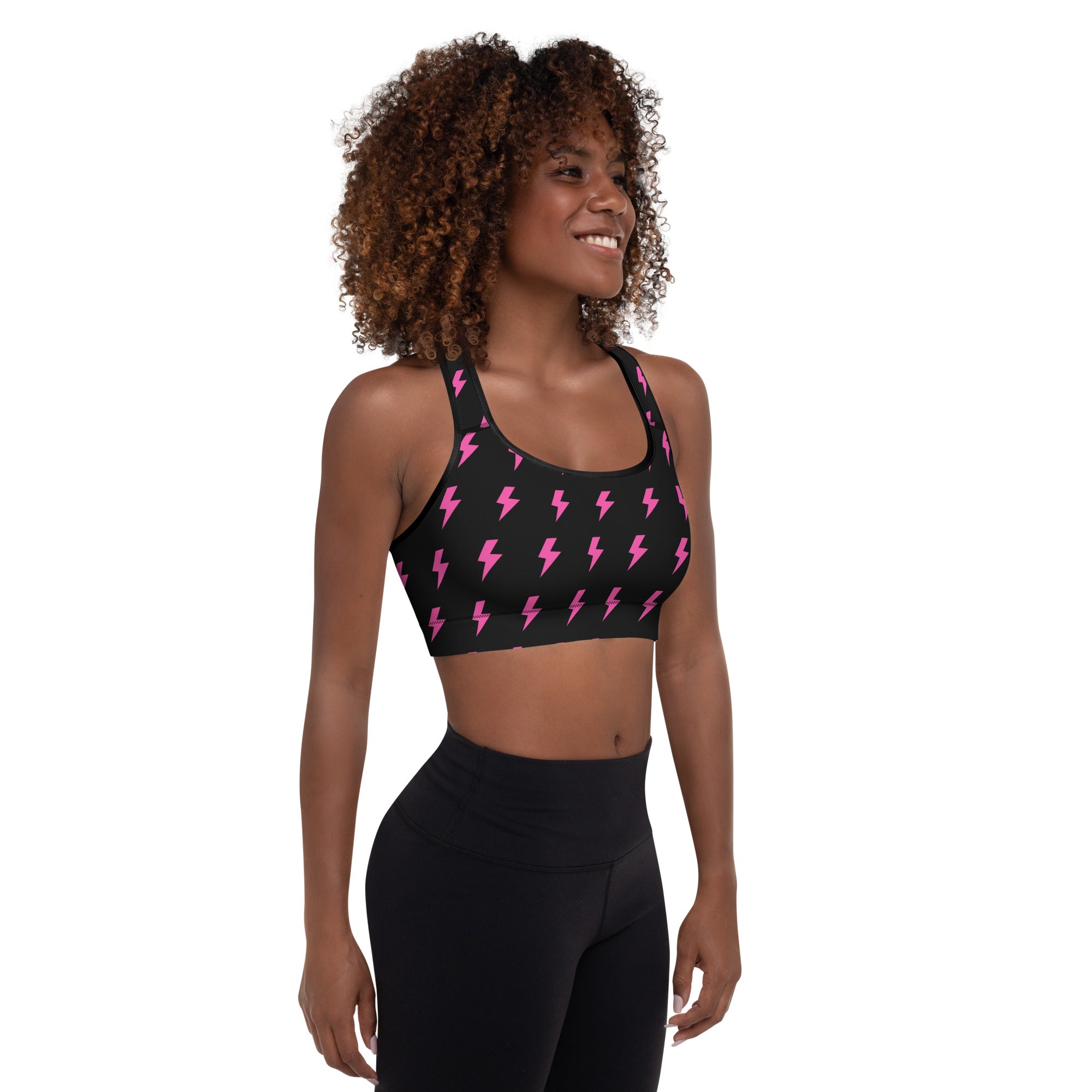 Preppy Pink Lightning Bolts Black Padded Sports Bra