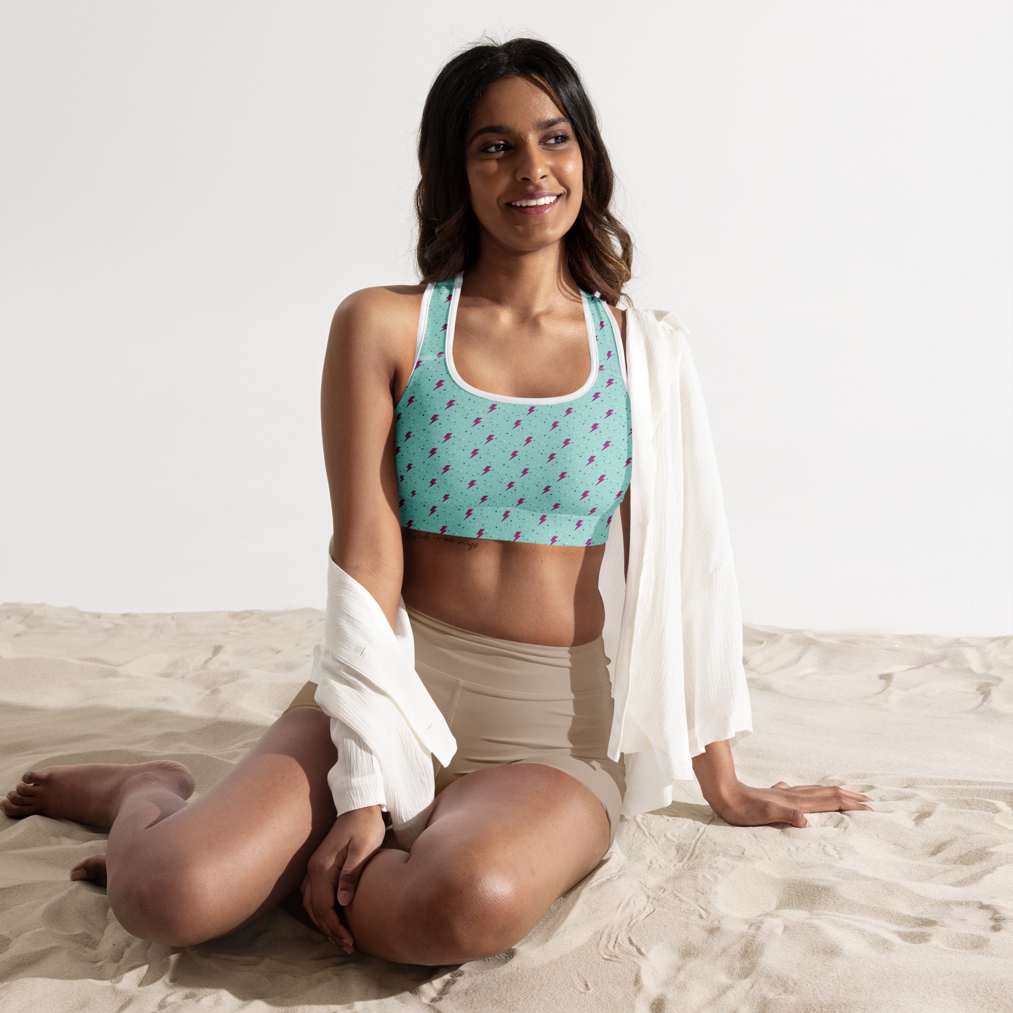 Preppy Green Lightning Bolts Pattern Padded Sports Bra