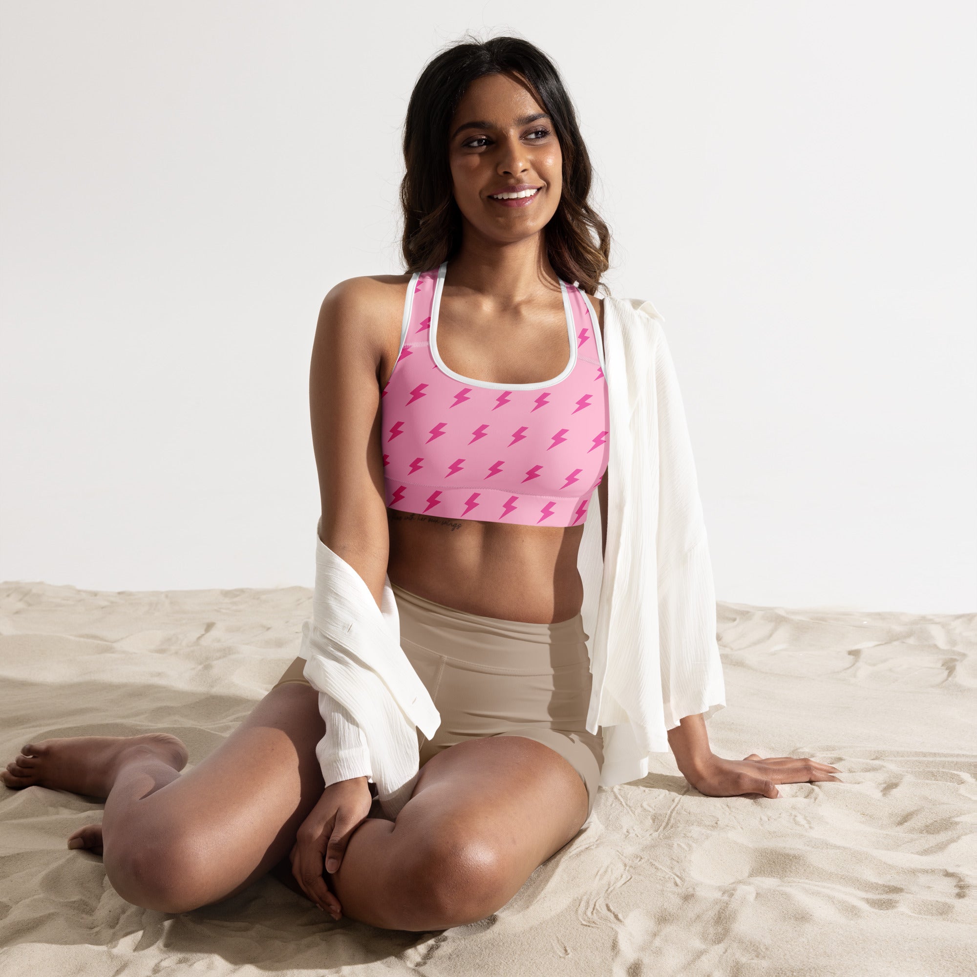 Preppy Pink Lightning Bolts Padded Gym & Sports Bra