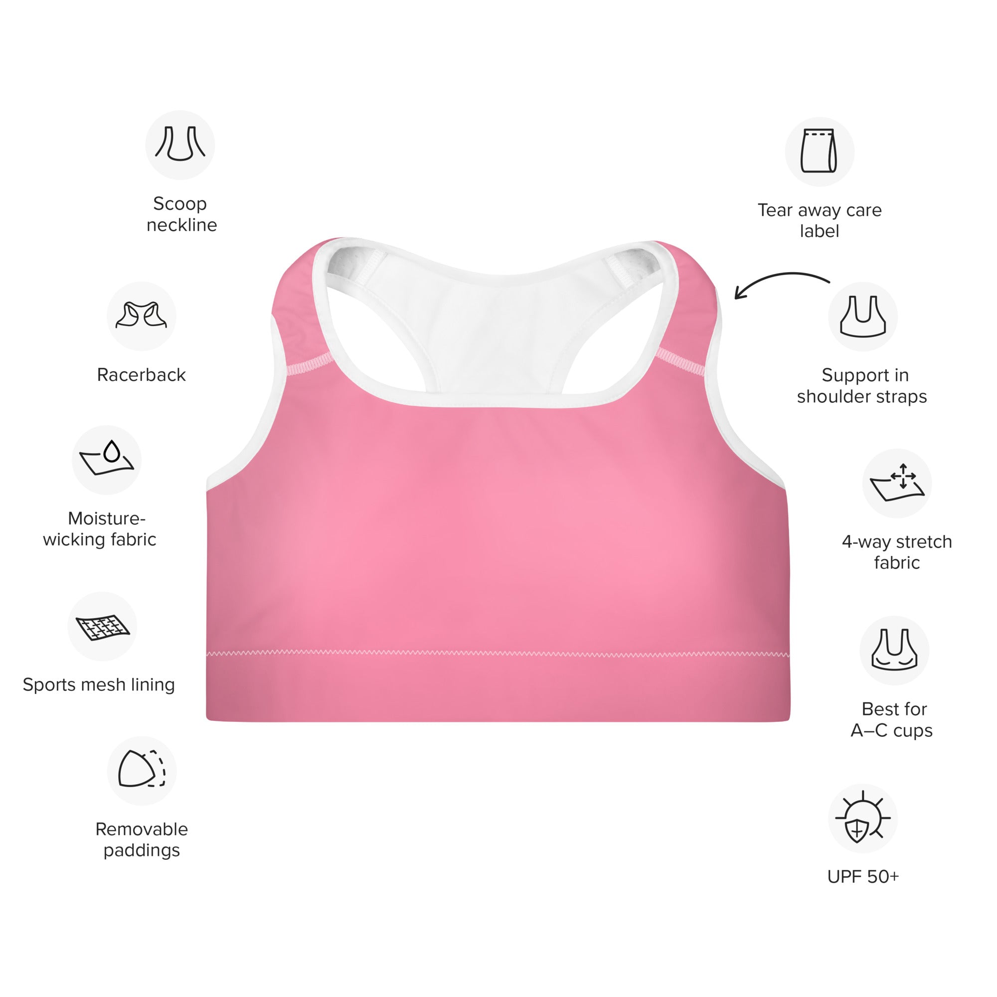 Preppy Plain Pink Padded Sports Bra