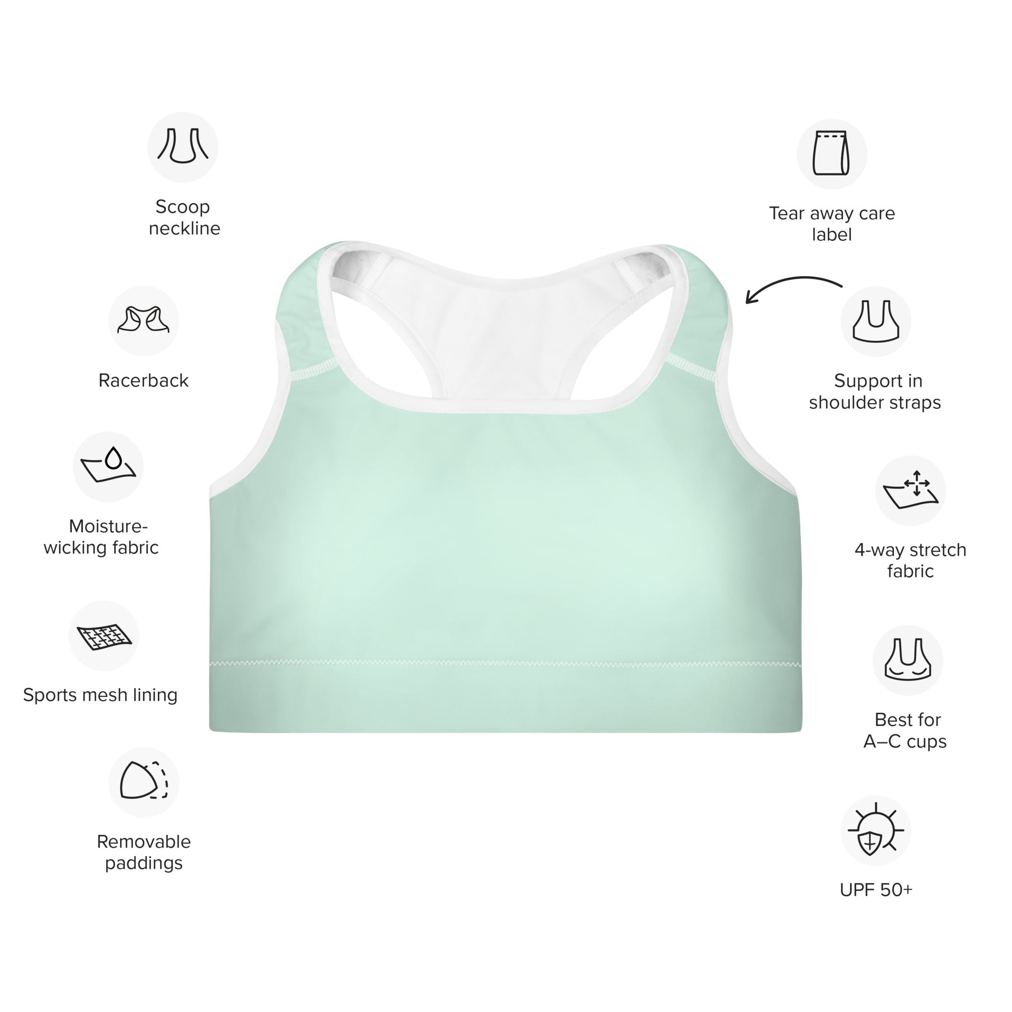 Preppy Plain Sea Green Padded Sports Bra