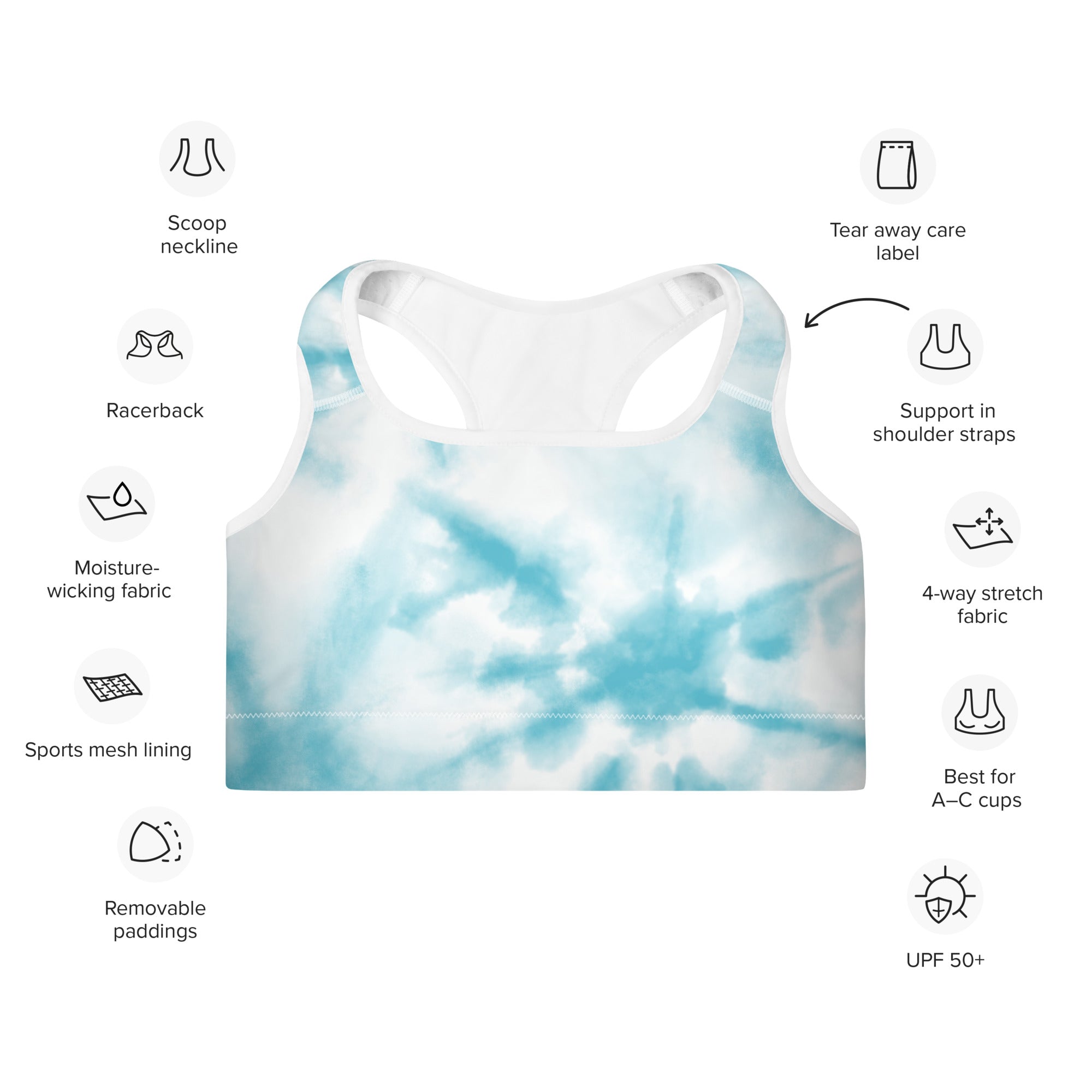 Preppy Blue Tie Dye Padded Gym & Sports Bra